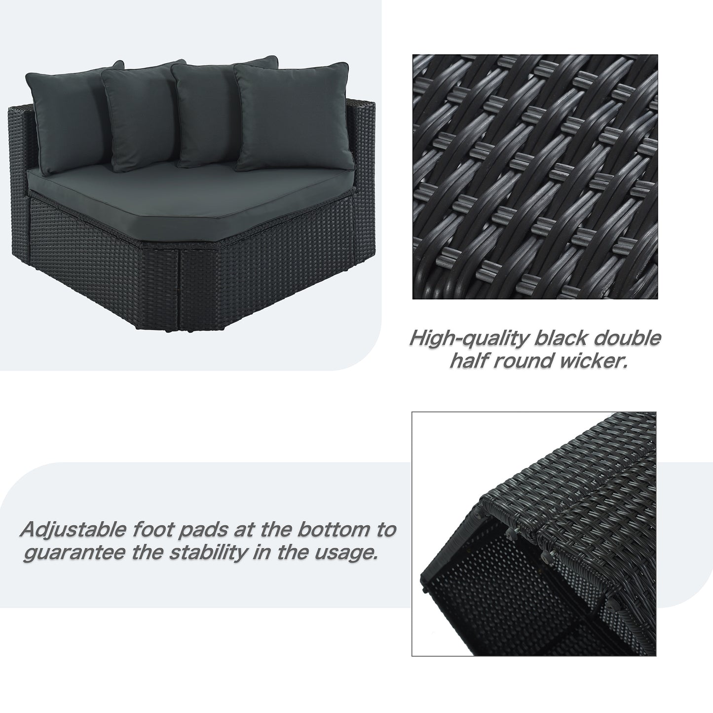 GO 7-piece Outdoor Wicker Sofa Set, Rattan Sofa Lounger, With Striped Green Pillows, Conversation Sofa, For Patio, Garden, Deck, Black Wicker, Gray Cushion image 12