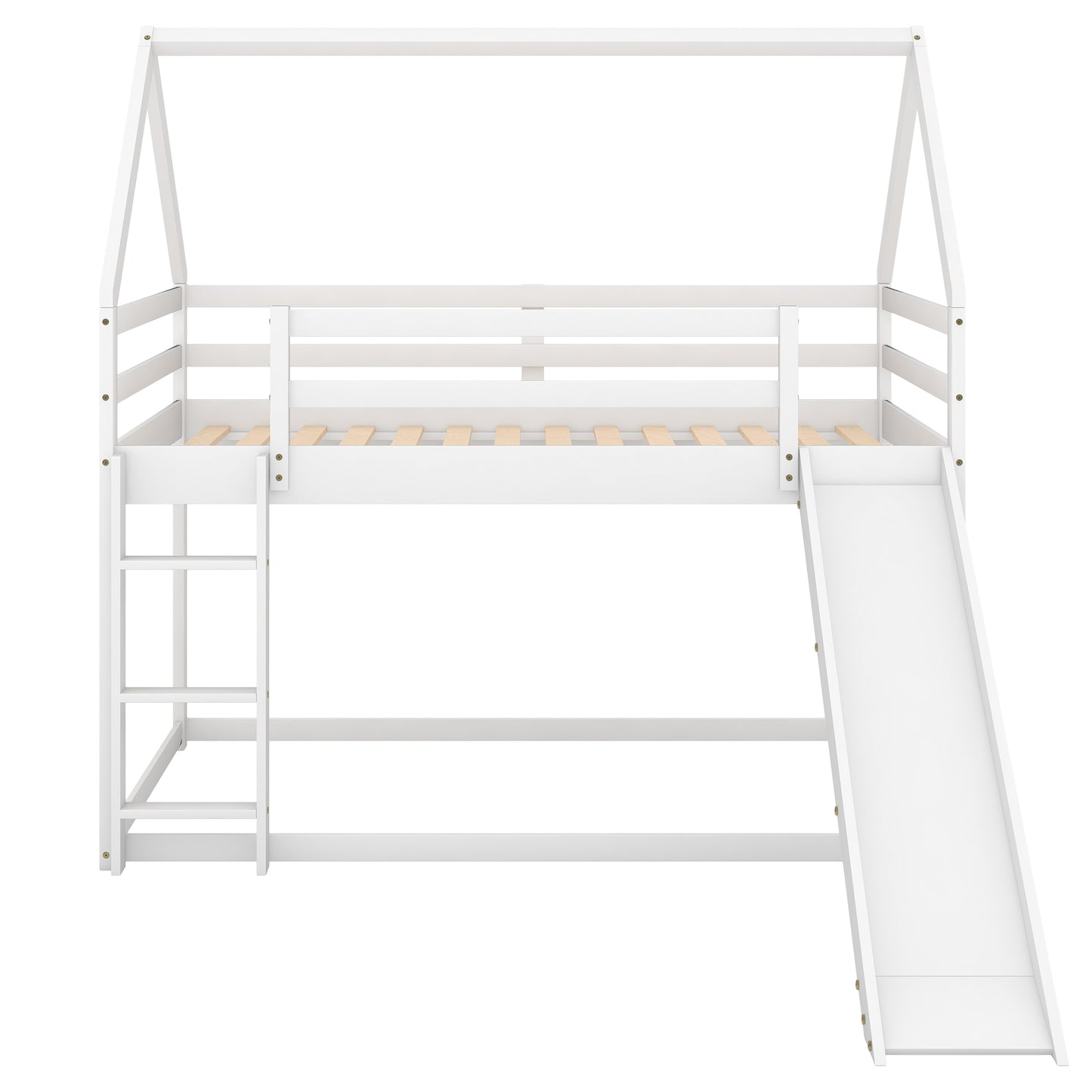 Twin Size Bunk House Bed with Slide and Ladder,White image 12