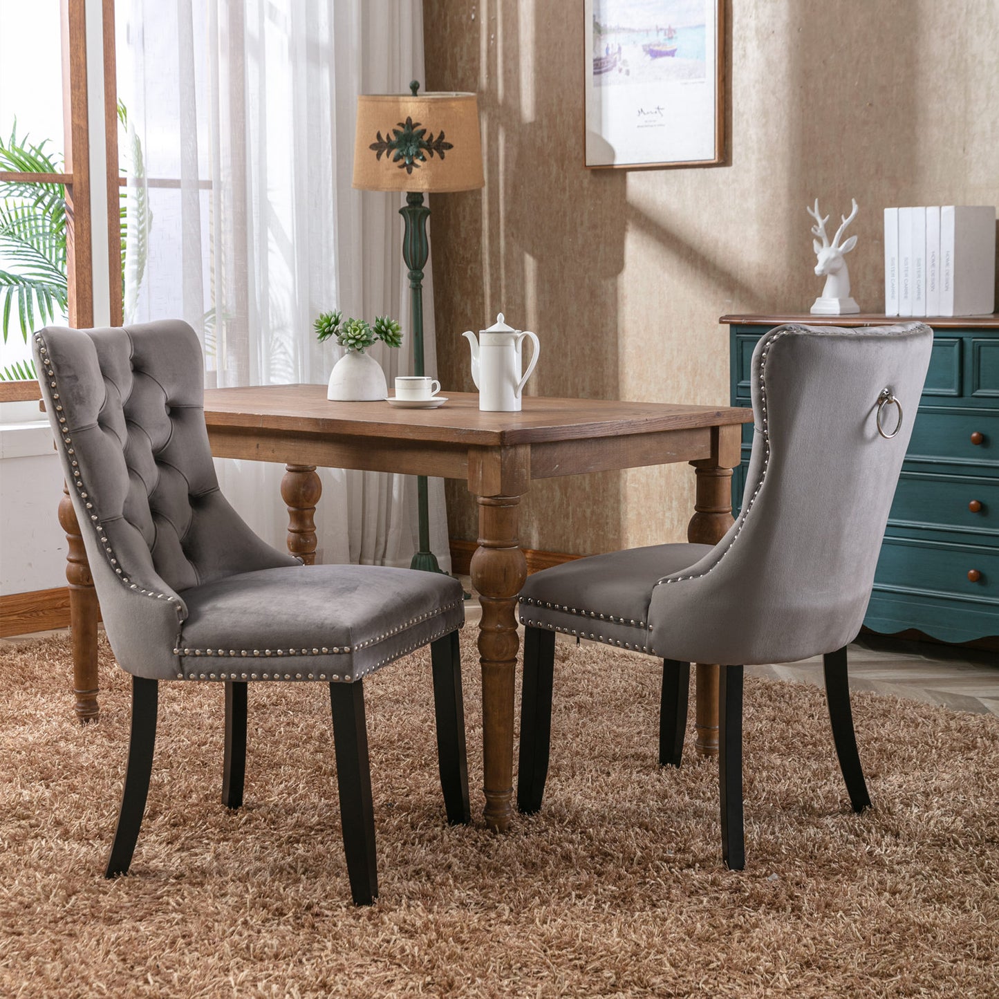 Nikki Collection Modern, High-end Tufted Solid Wood Contemporary Velvet Upholstered Dining Chair with Wood Legs Nailhead Trim 2-Pcs Set,Gray, SW2001GY image 12