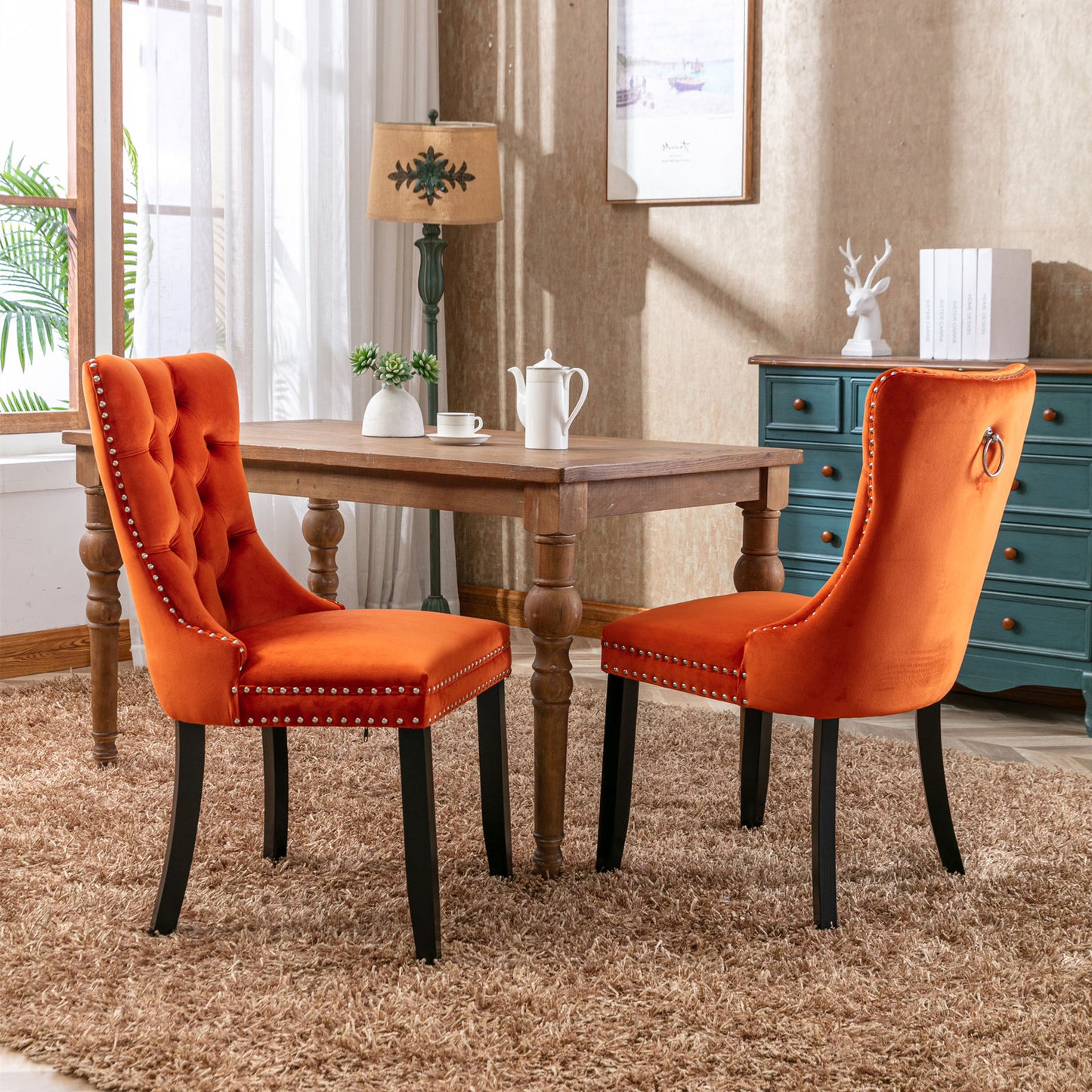 Nikki Collection Modern, High-end Tufted Solid Wood Contemporary Velvet Upholstered Dining Chair with Wood Legs Nailhead Trim 2-Pcs Set, Orange, SW2001OG image 12