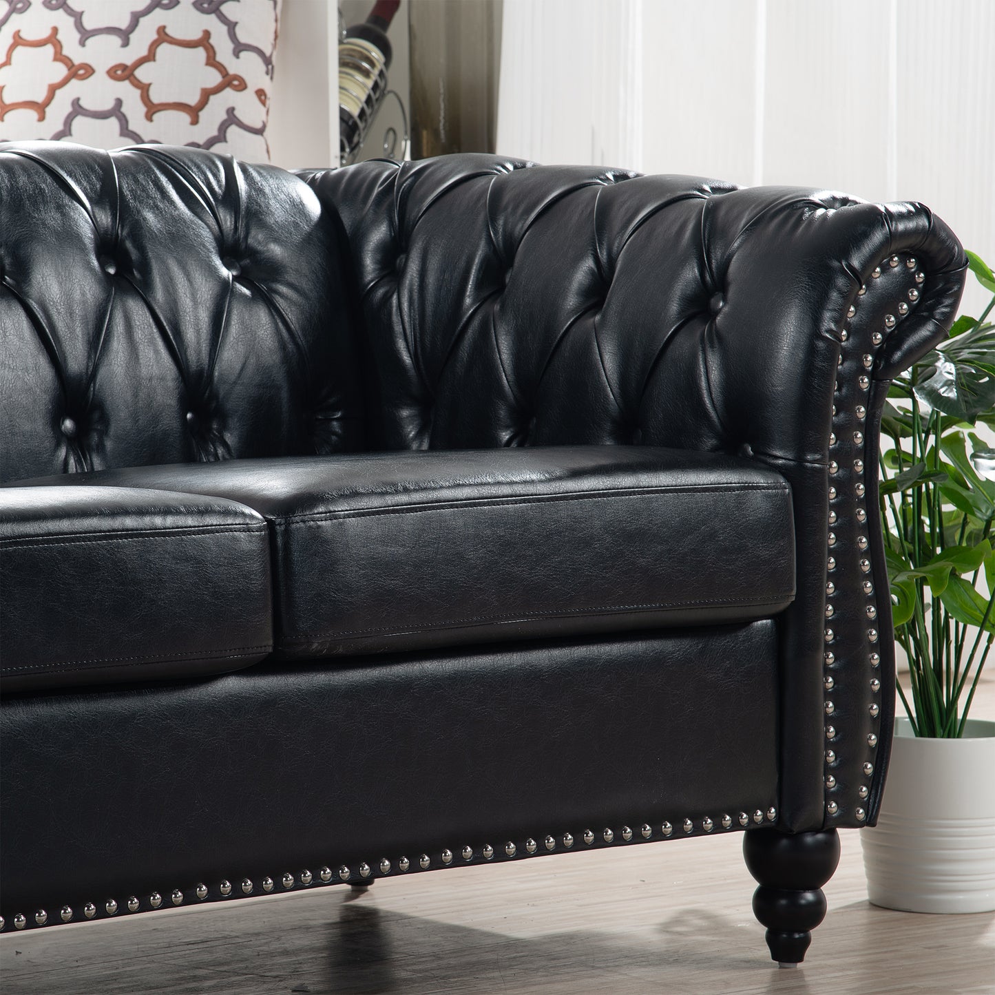 84.65" BLACK PU Rolled Arm Chesterfield Three Seater Sofa. image 12