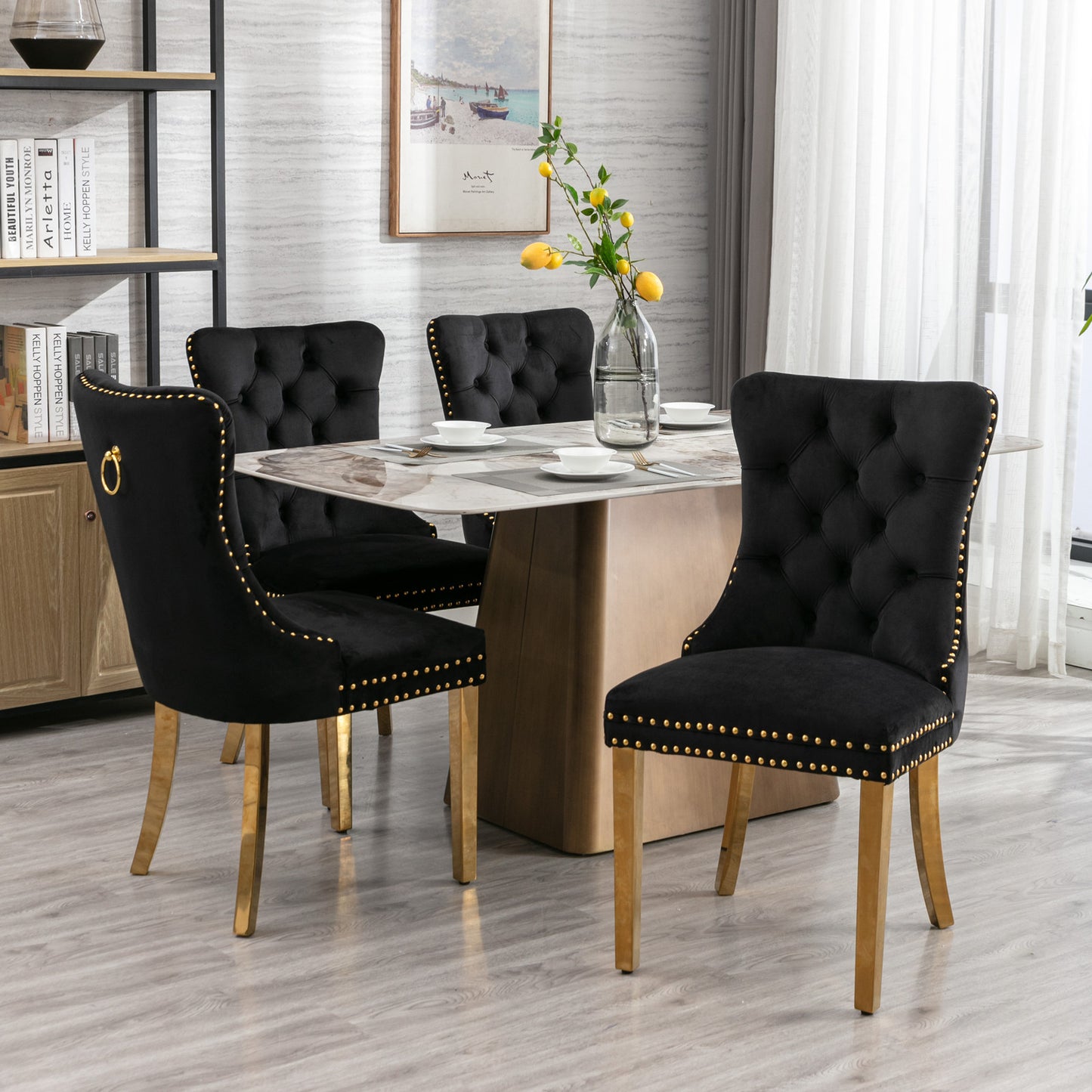 A&A Furniture,Nikki Collection Modern, High-end Tufted Solid Wood Contemporary Velvet Upholstered Dining Chair with Golden Stainless Steel Plating Legs,Nailhead Trim,Set of 2,Black and Gold, SW1601BK image 12