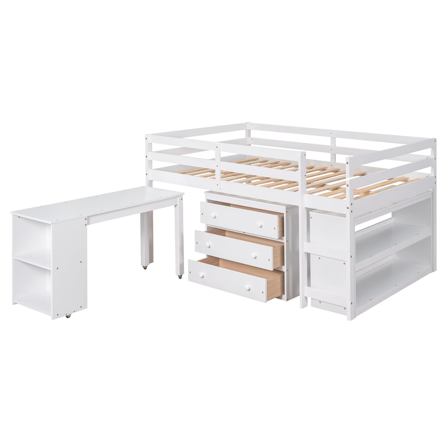 Low Study Full Loft Bed with Cabinet,Shelves and Rolling Portable Desk,Multiple Functions Bed- White(OLD SKU:LT000313AAK) image 12