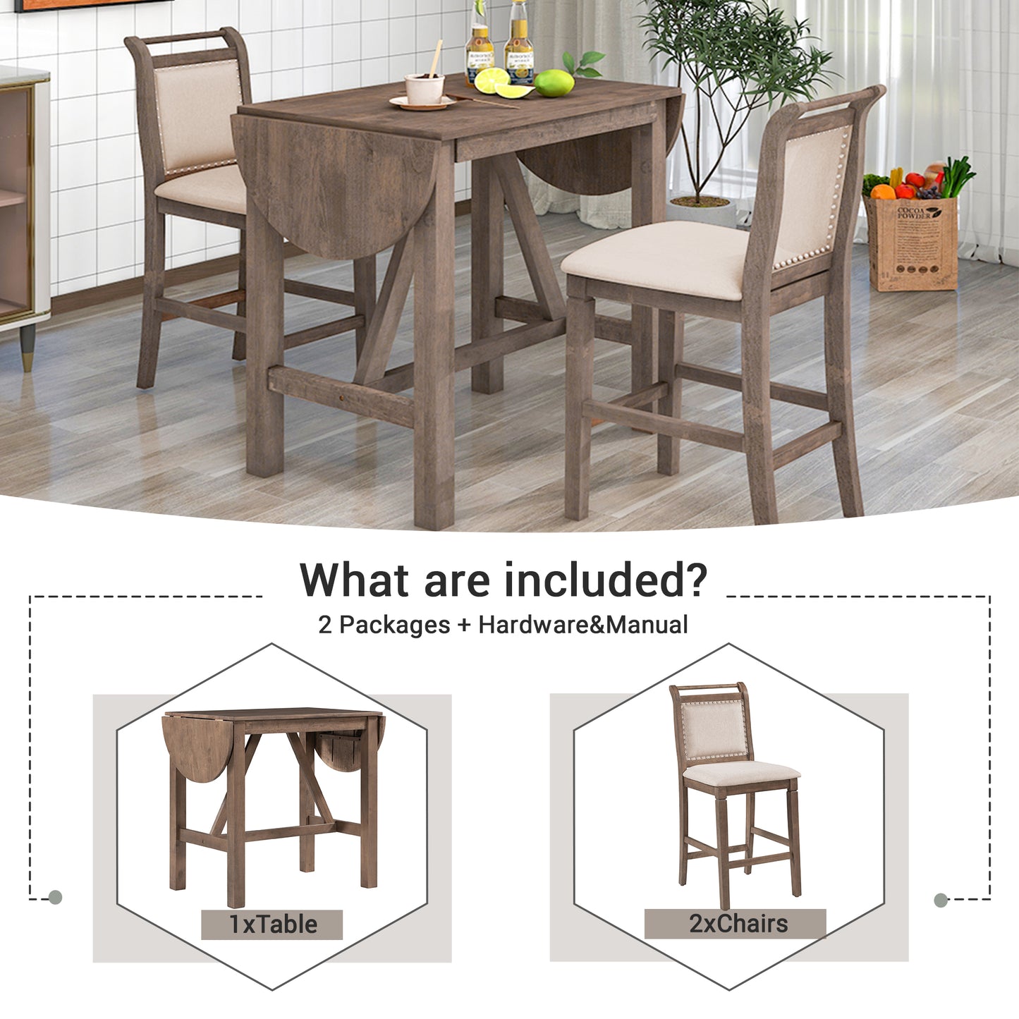 TOPMAX 3-Piece Wood Counter Height Drop Leaf Dining Table Set with 2 Upholstered Dining Chairs for Small Place, Brown image 12