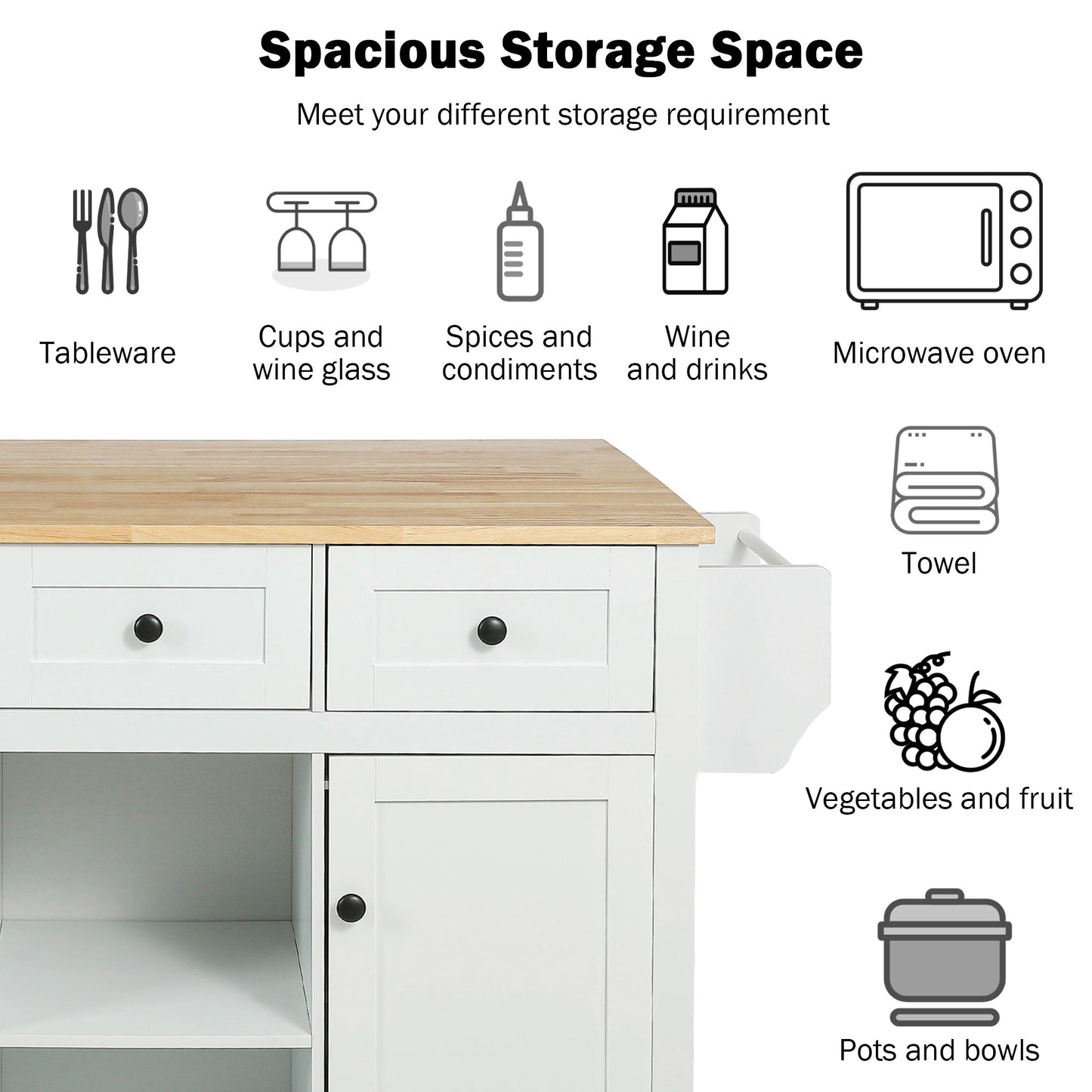 Kitchen Cart with Rubber wood Drop-Leaf Countertop,Cabinet door internal storage racks,Kitchen Island on 5 Wheels with Storage Cabinet and 3 Drawers for Dinning Room,White image 12