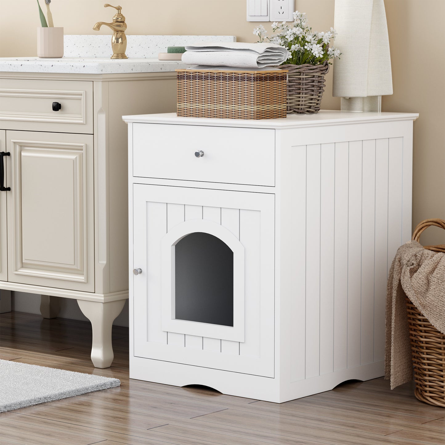Wooden Pet House Cat Litter Box Enclosure with Drawer, Side Table, Indoor Pet Crate, Cat Home Nightstand (White) image 12