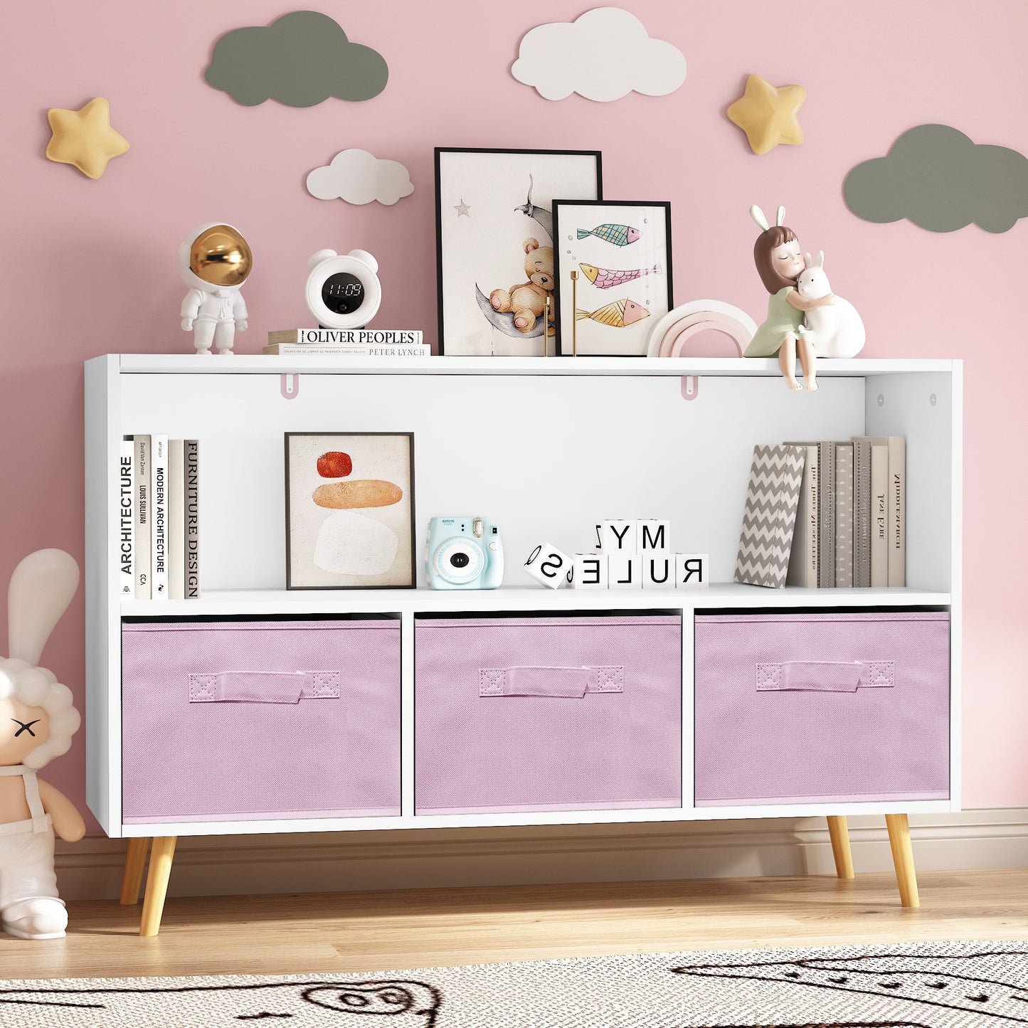 Kids bookcase with Collapsible Fabric Drawers, Children's Book Display, Toy Storage Cabinet Organizer, White/Pink image 12