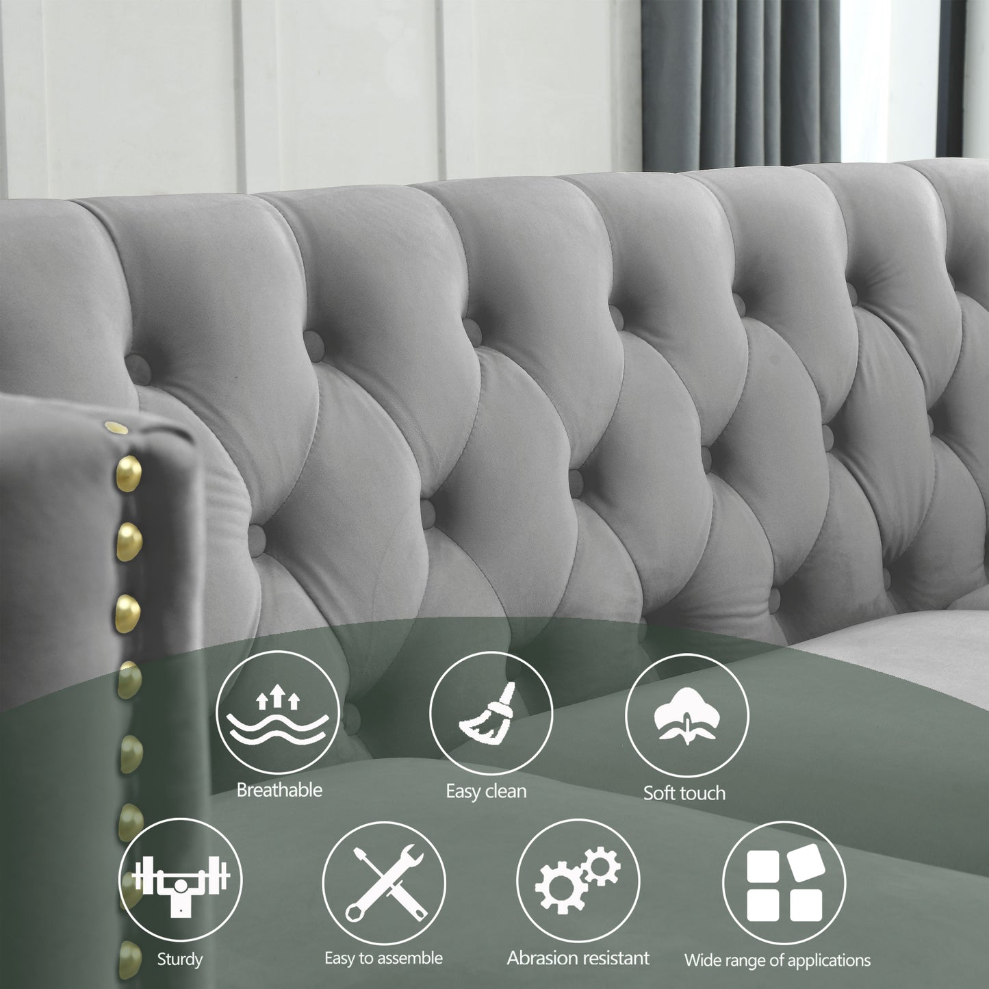 {Contact us for 3D modeling} Velvet Sofa for Living Room,Buttons Tufted Square Arm Couch, Modern Couch Upholstered Button and Metal Legs, Sofa Couch for Bedroom, Grey Velvet(W834S00020) image 12