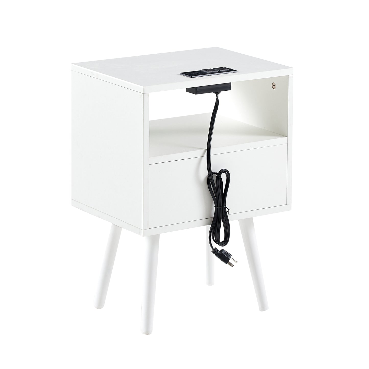 15.75" Rattan End table with Power Outlet & USB Ports, Modern nightstand with drawer and solid wood legs, side table for living room, bedroom, white image 12