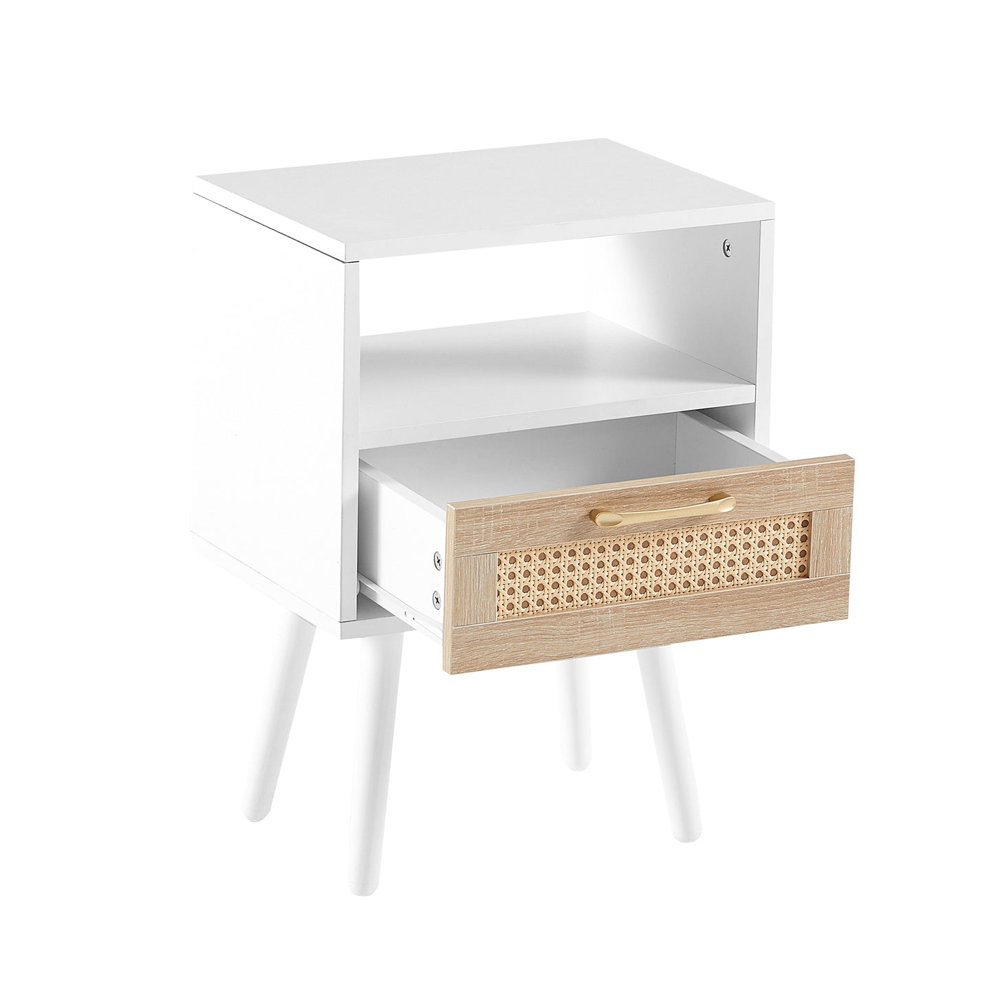 15.75" Rattan End table with drawer and solid wood legs, Modern nightstand, side table for living room, bedroom, white image 12