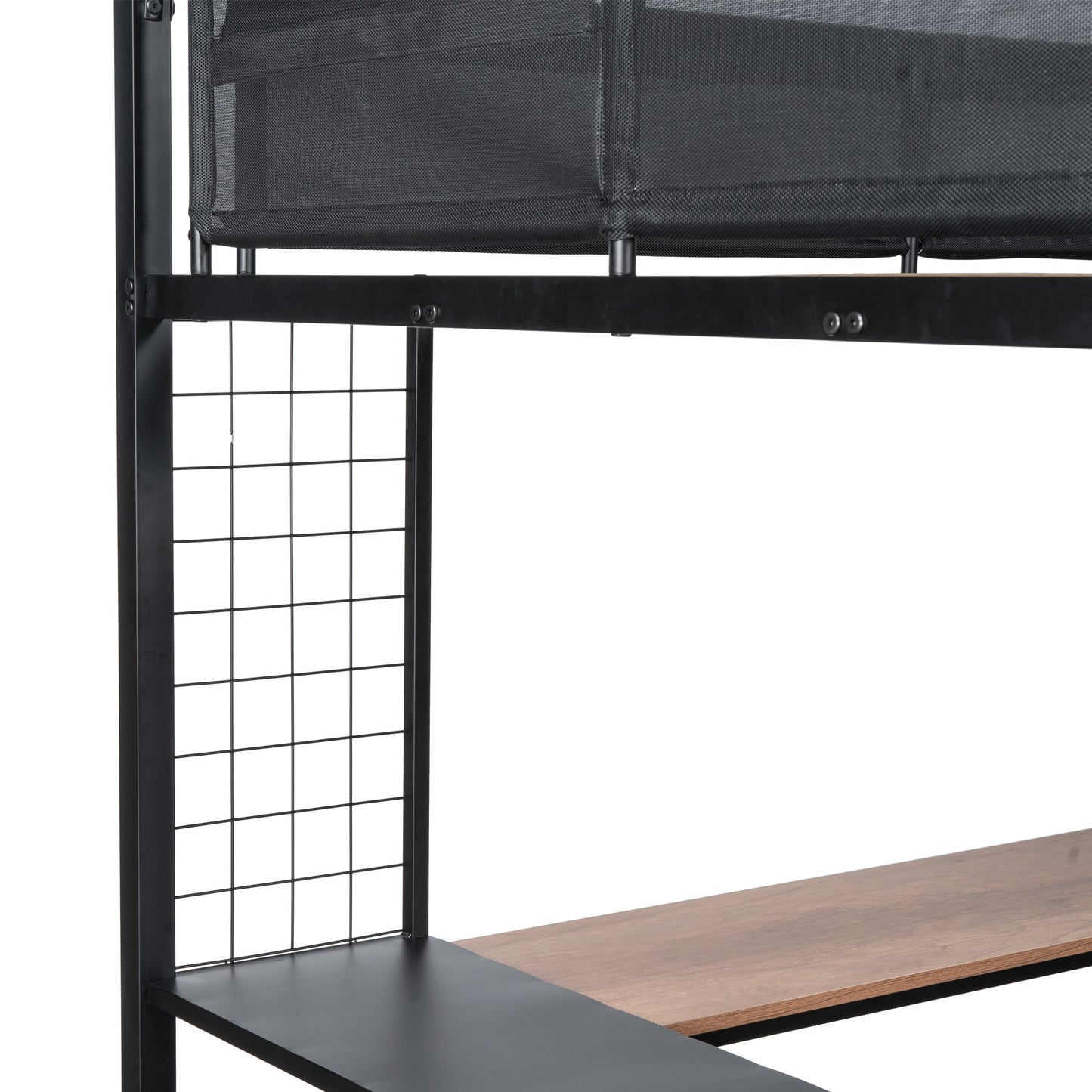 Metal Full Size Loft Bed with Desk & Shelves/ Sturdy Metal Bed Frame/ Noise-free Wood Slats/ Comfortable Textilene Guardrail/ Built-in Desk, 2-tier Shelves & Grid Panel/ 2 Side Ladders image 12