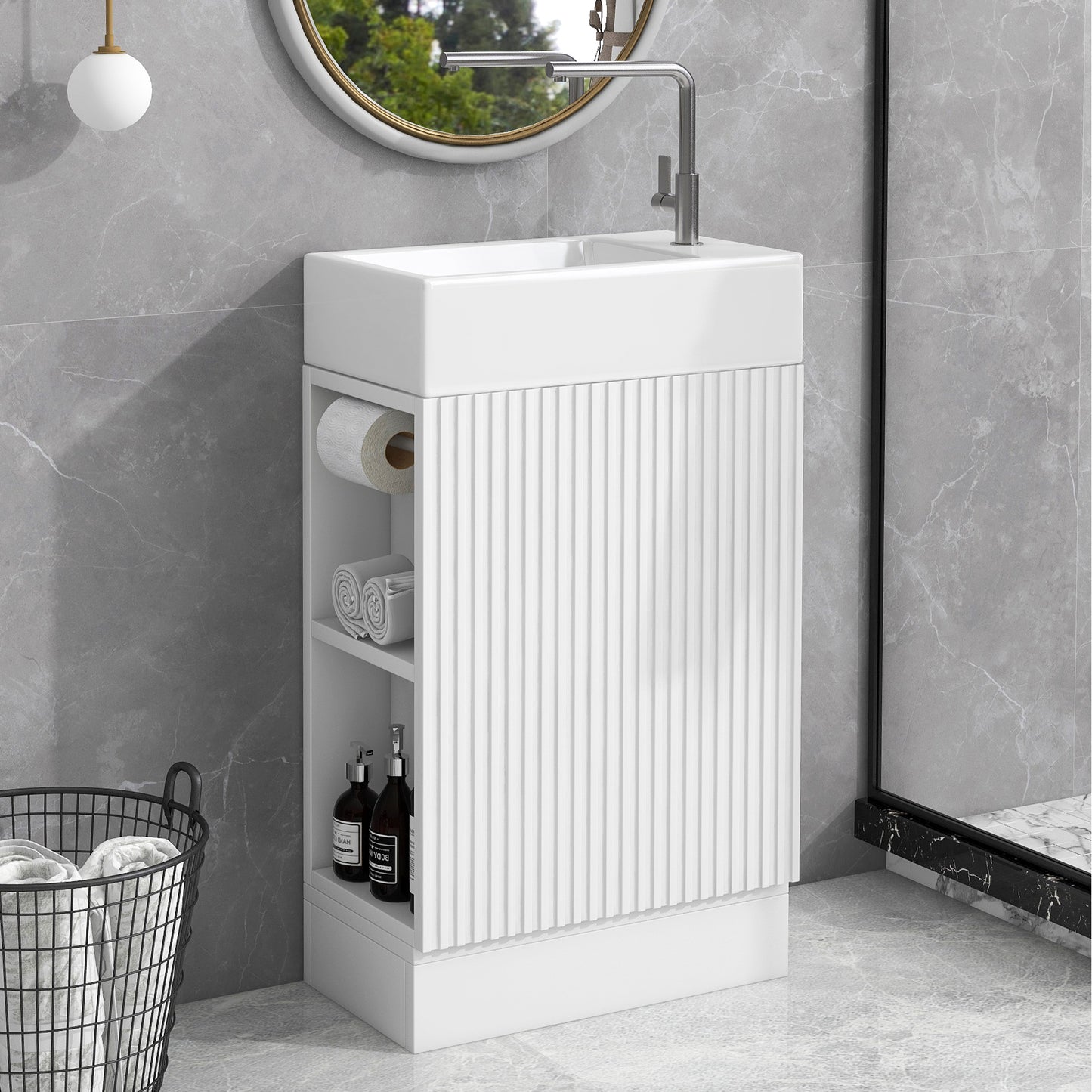 18.6" Bathroom Vanity with Sink, Bathroom Vanity Cabinet with Two-tier Shelf, Left or Right Orientation, White (Old Sku:WF308491AAK) image 12
