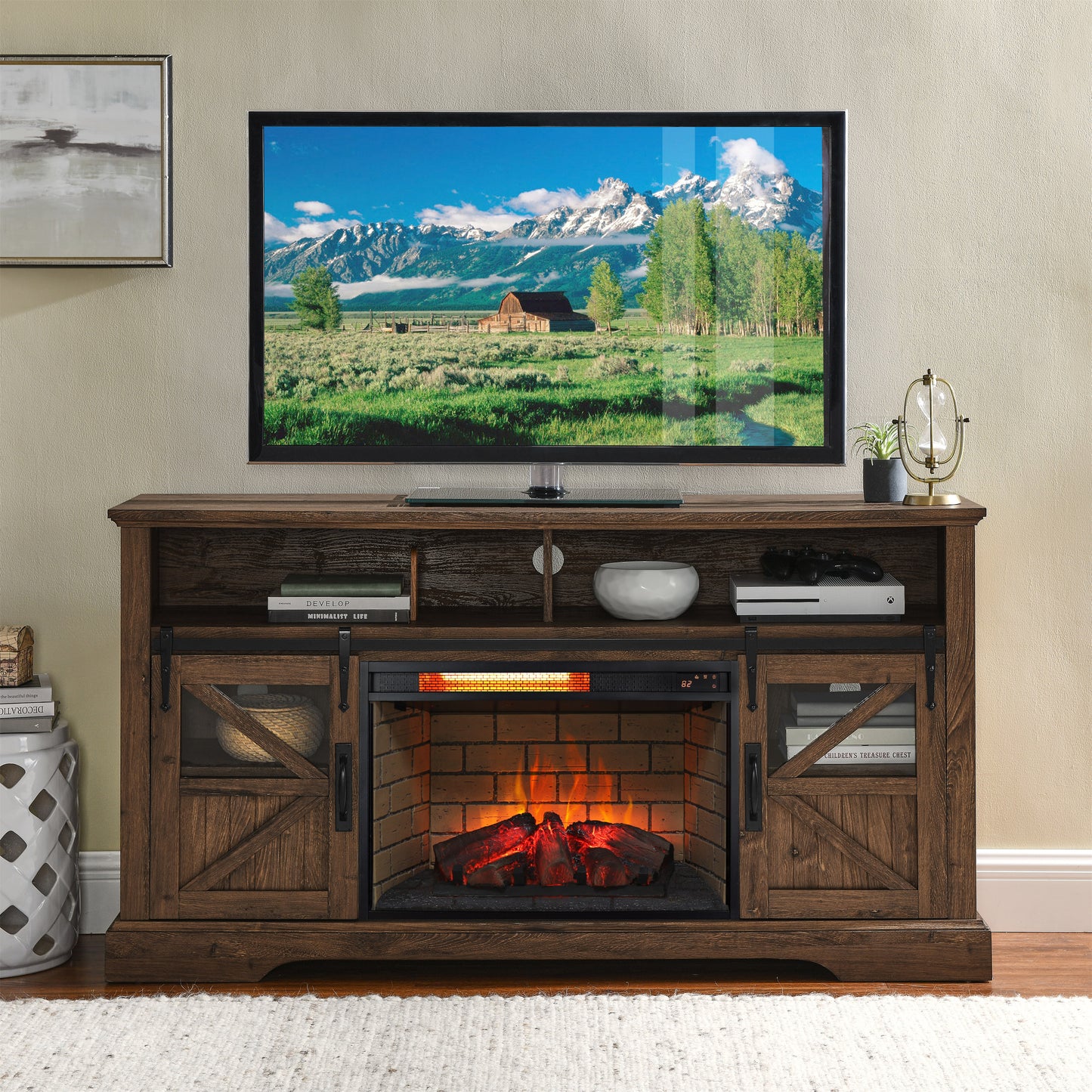 26 inch infrared quartz heater fireplace insert -woodlog version with brick image 11