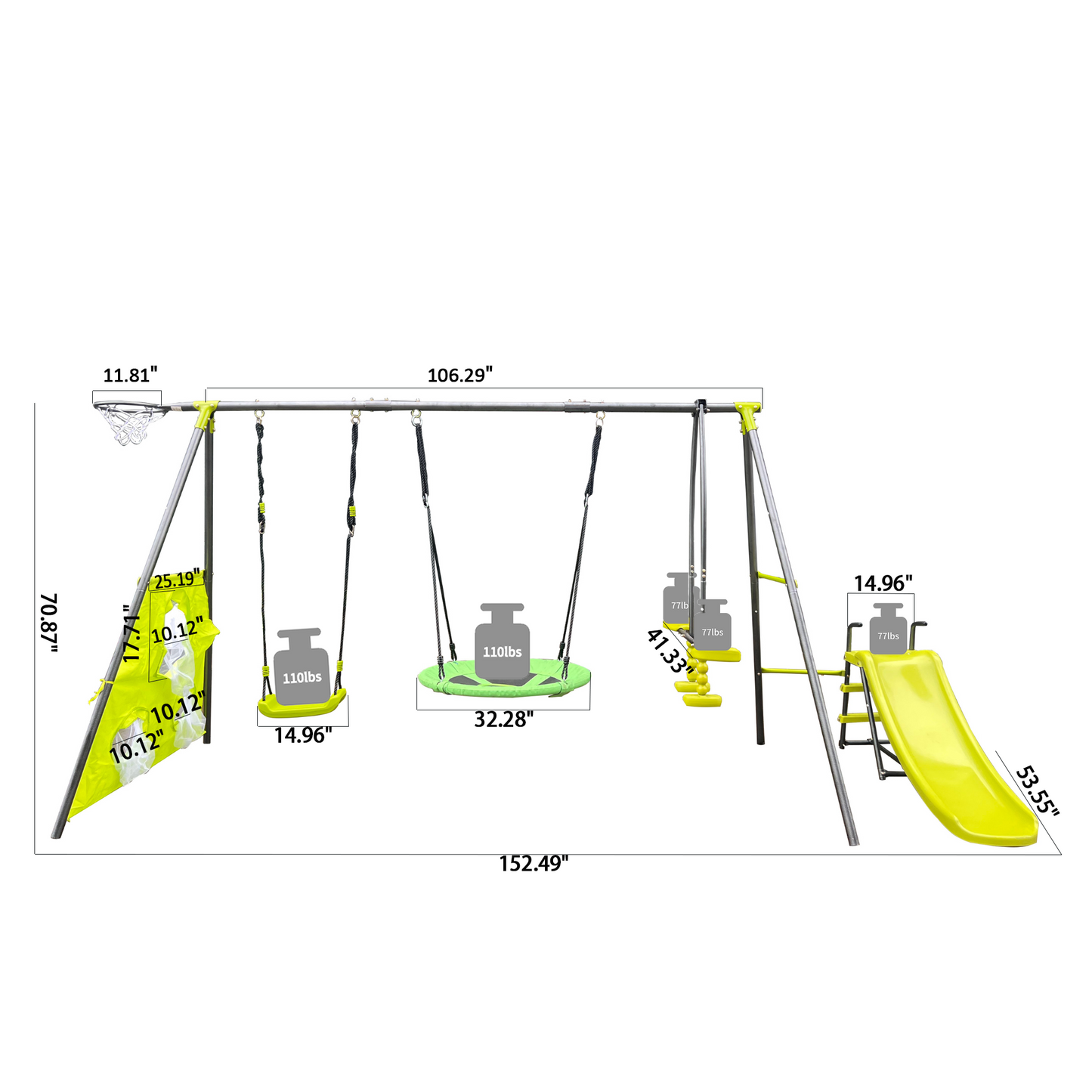 XNS052 green and blue interesting six function swingset with net swing metal plastic safe swing set 440lbs for outdoor playground for age 3+ with 31.5in net swing image 12