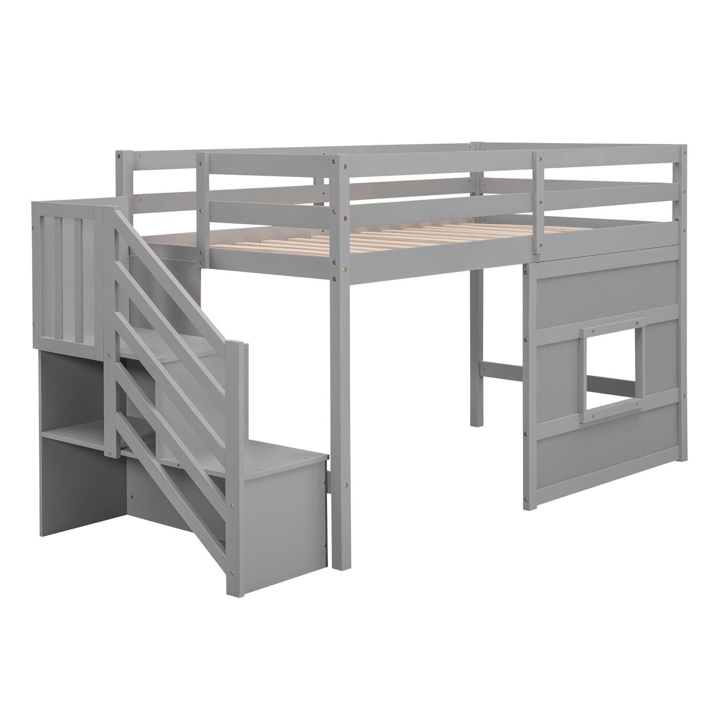 Twin Size Loft Bed with Storage Staircase and Window, With LED Light, Gray image 12