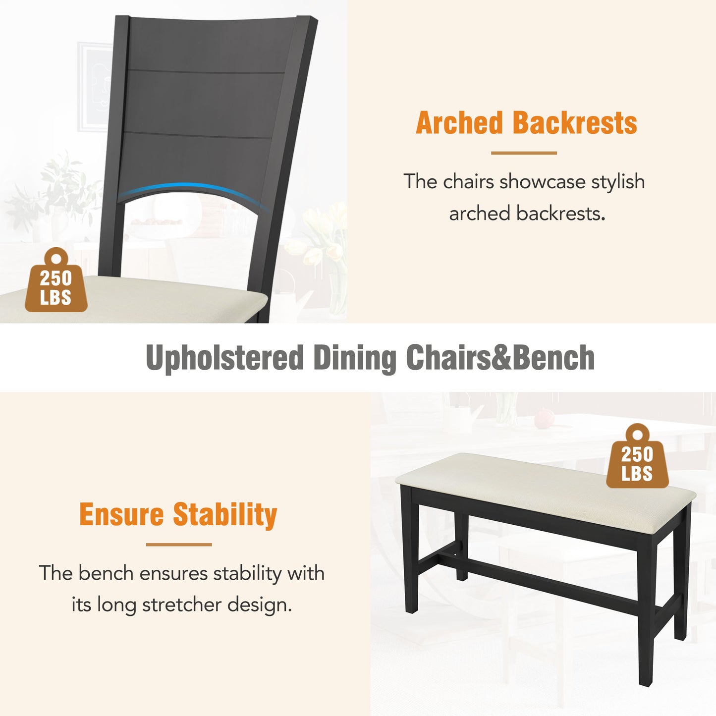 TOPMAX 6-Piece Wood Half Round Dining Table Set Kitchen Table Set with Long Bench and 4 Dining Chairs, Modern Style, Gray image 12