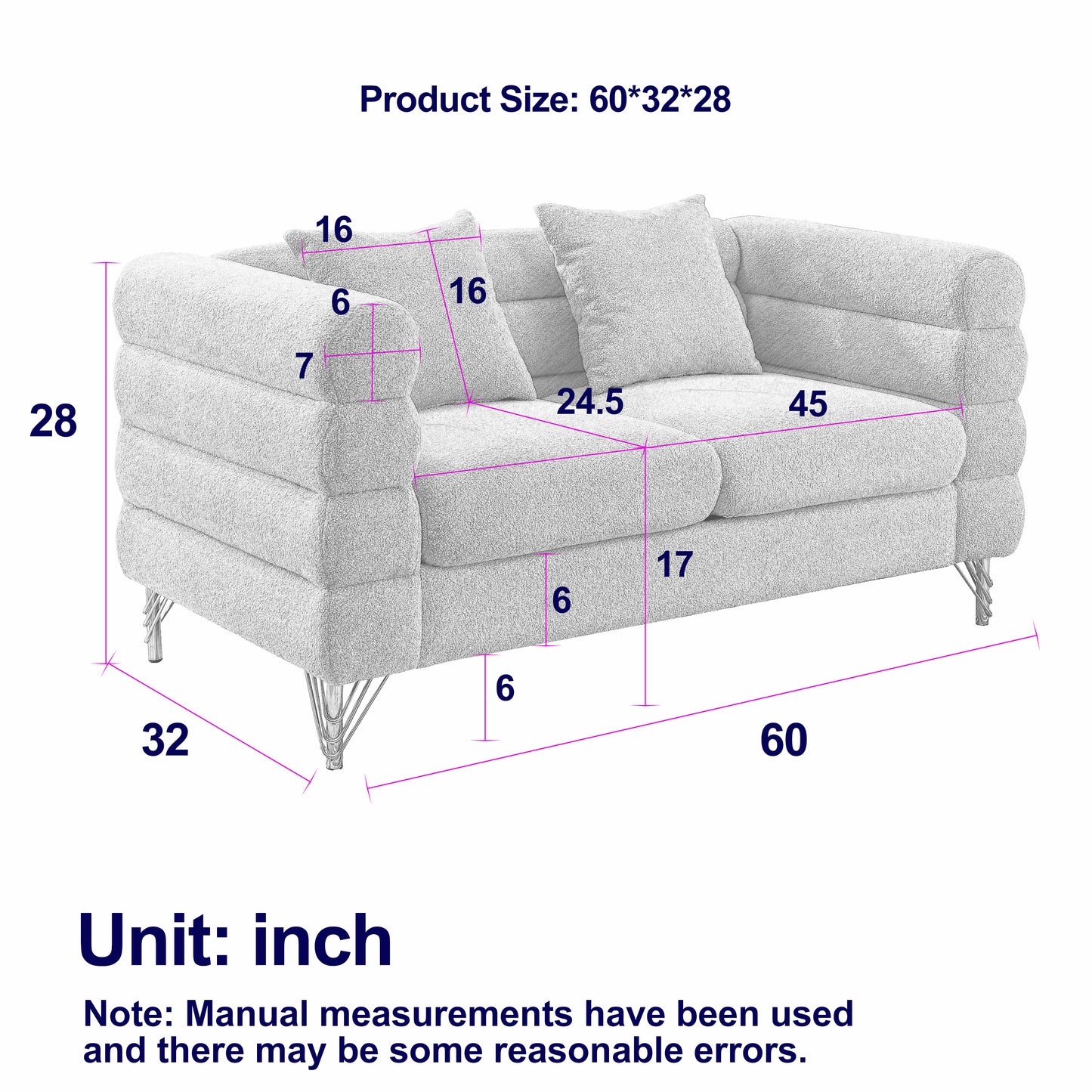 60Inch Oversized 2 Seater Sectional Sofa, Living Room Comfort Fabric Sectional Sofa-Deep Seating Sectional Sofa, Soft Sitting with 2 Pillows for Living Room, Bedroom, Office, Green teddy(W834S00032) image 12