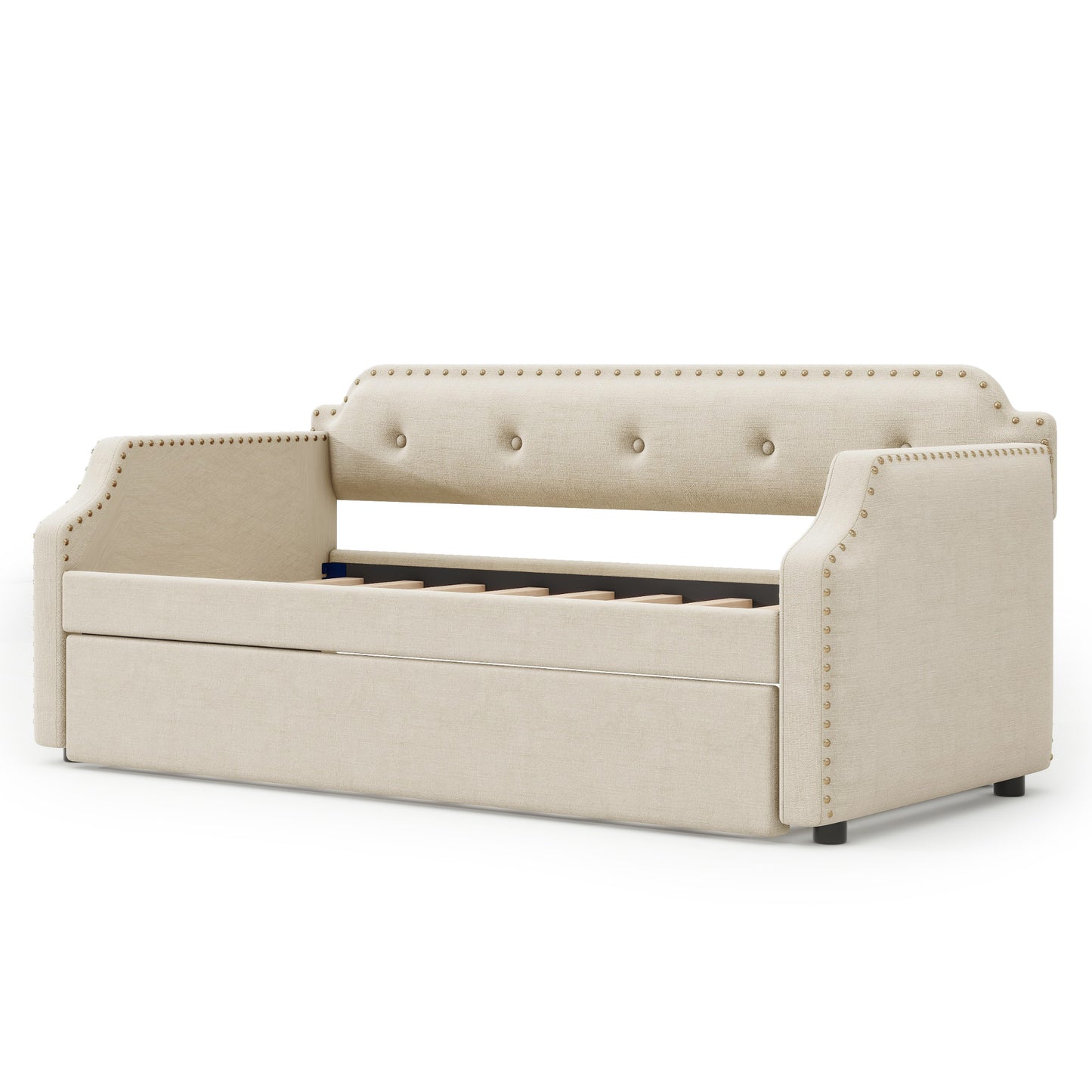 Upholstered Daybed with Trundle, Wood Slat Support,Upholstered Frame Sofa Bed, Twin, Beige image 12