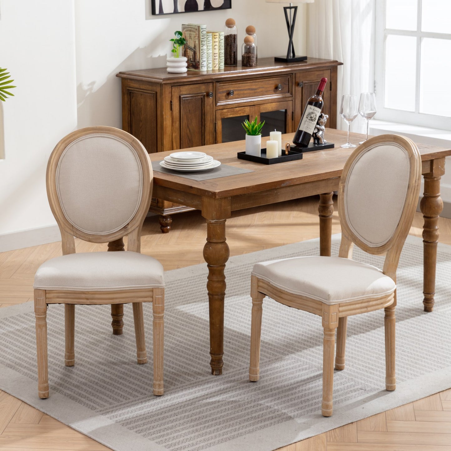 A&A Furniture,French Style Solid Wood Frame Antique Painting Linen Fabric Back Dining Chair,Set of 2,Beige,SW1845BG image 12