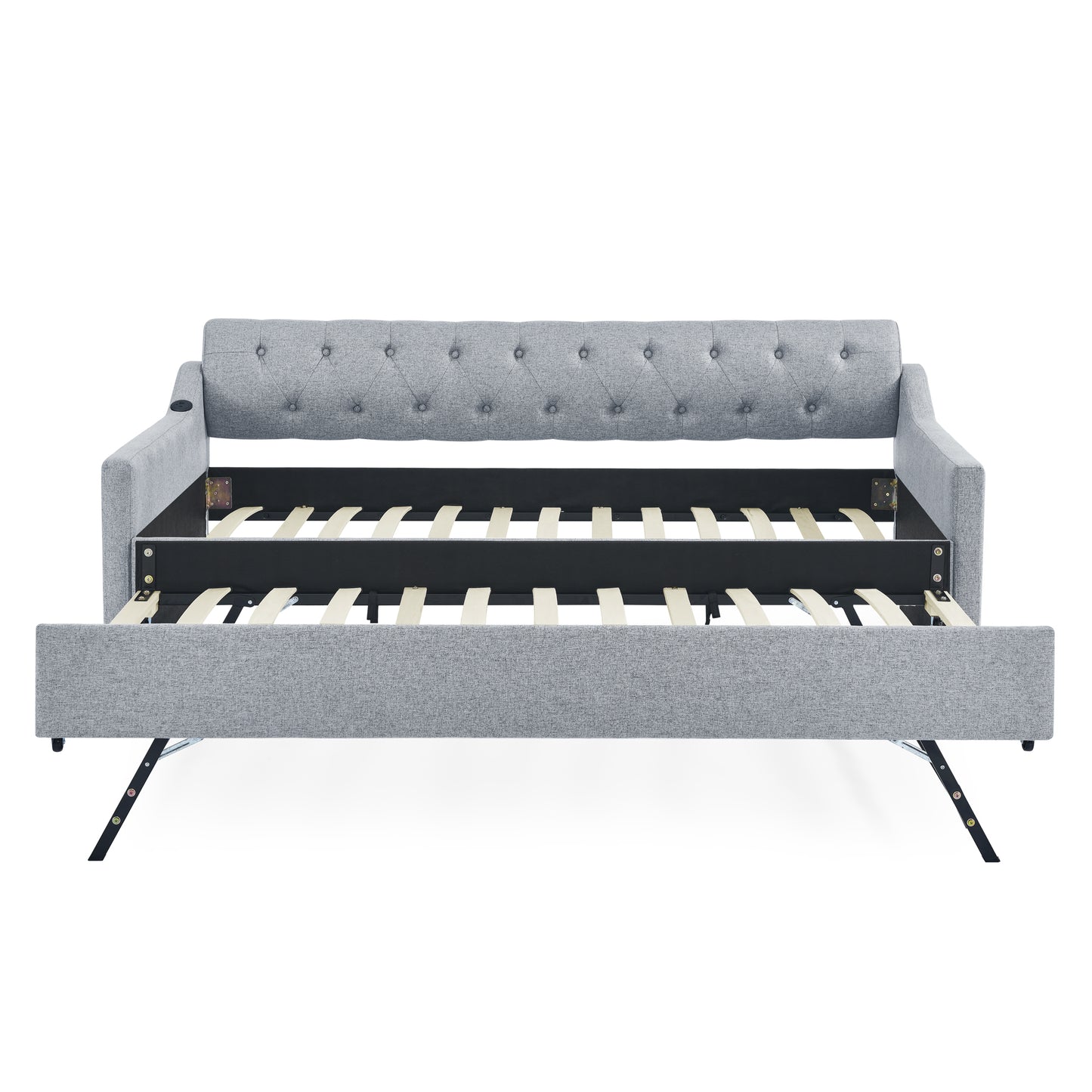 Twin Size Upholstery DayBed with Twin Size Erectable Trundle and USB Charging Design, Linen Grey image 12