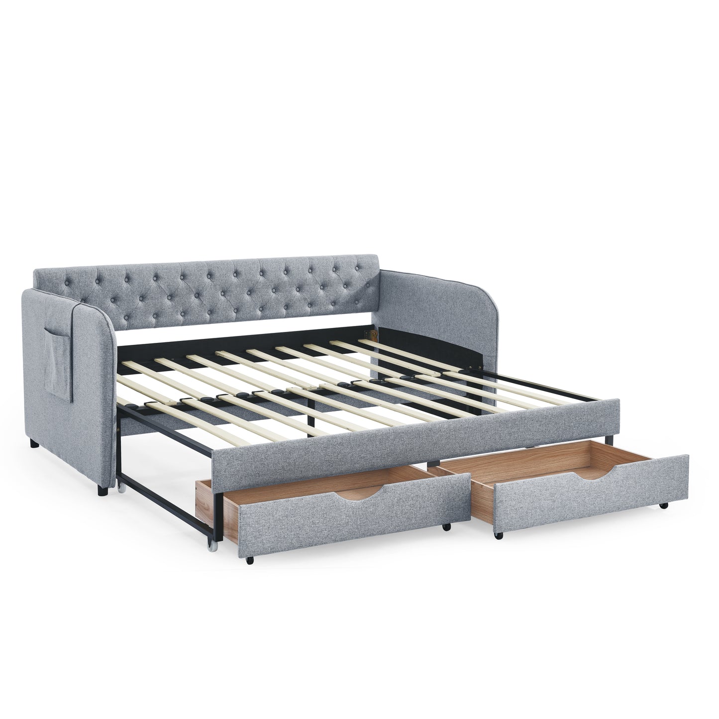 Twin Size Upholstery Daybed with Trundle Bed and Two Storage Drawers, Flat Arms with Pocket, Extendable Daybed for Bedroom Living Room,Linen Grey image 12