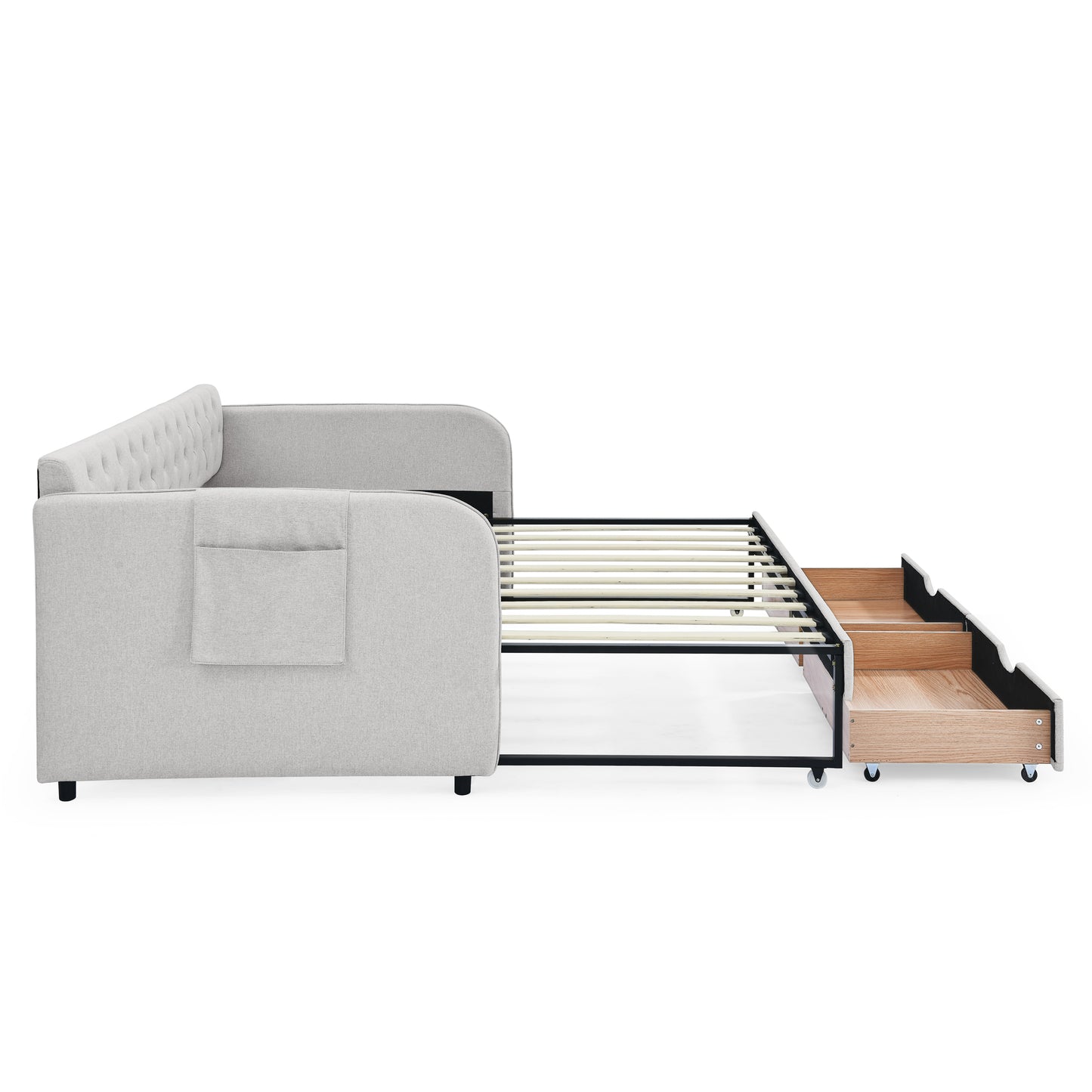 Twin Size Upholstery Daybed with Trundle Bed and Two Storage Drawers, Flat Arms with Pocket, Extendable Daybed for Bedroom Living Room,Linen Beige image 12