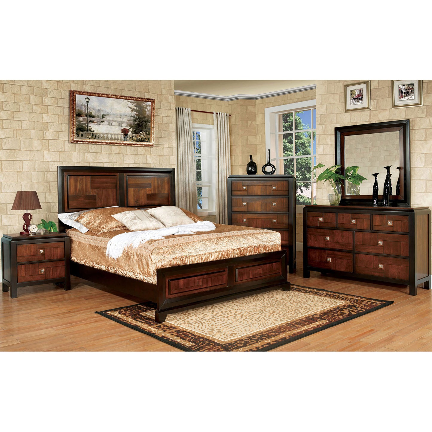 Transitional Queen Size Bed Acacia / Walnut Solidwood 1pcs Bed Bedroom Furniture Parquet Design Headboard And Footboard Bedframe image 8