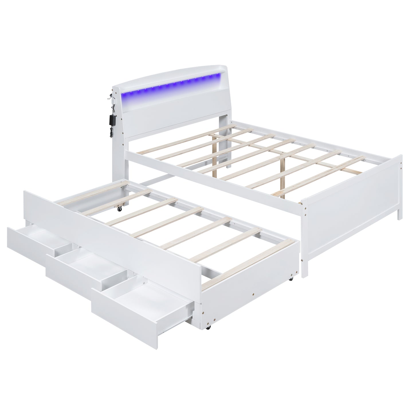 Full Size Platform Bed with Storage LED Headboard, Twin Size Trundle and 3 Drawers, White image 12