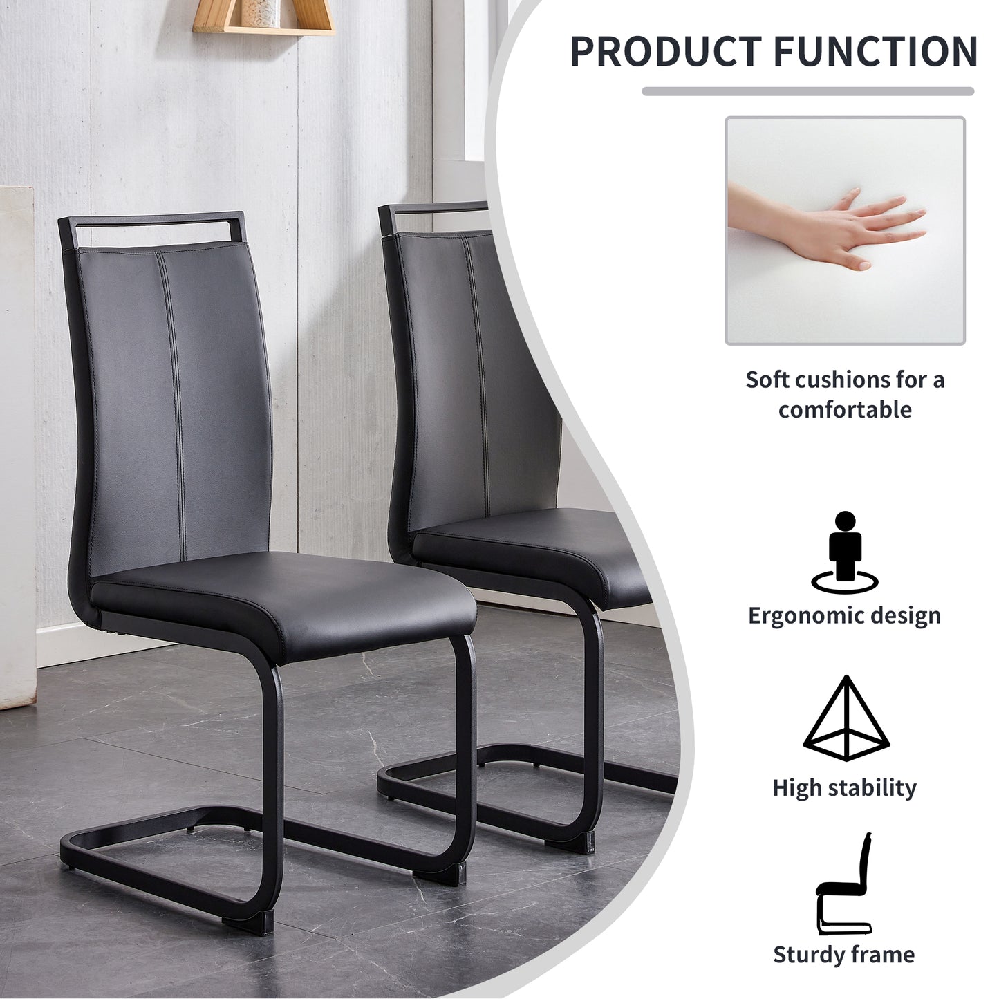 Modern simple style round transparent tempered glass table, black metal legs, 4 modern PU leather high backrest cushioned side chairs, C-tube chrome legs DRT-1123R C-1162 image 12