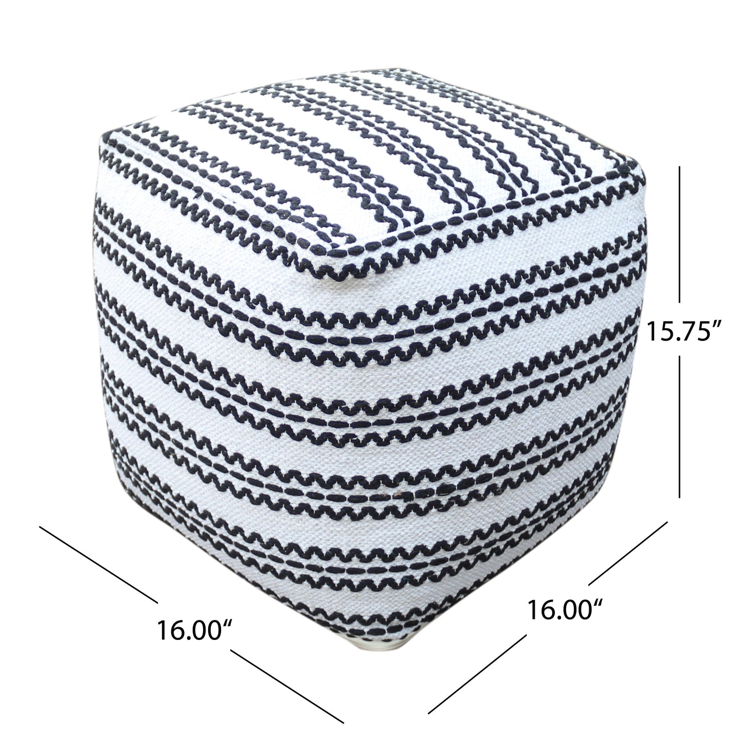 Lani Handcrafted Fabric Pouf, Natural with Black image 5
