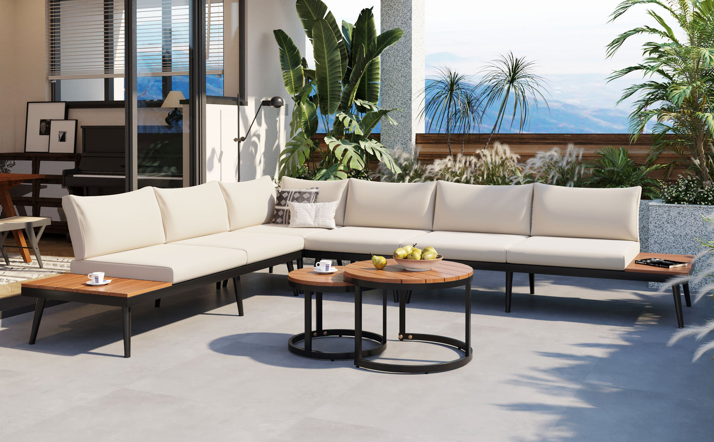 TREXM 6-Piece Outdoor Sectional Sofa Set with Round Nesting Coffee Tables and Seating Sofa with Cushions for Patio, Porch and Garden (Beige) image 12