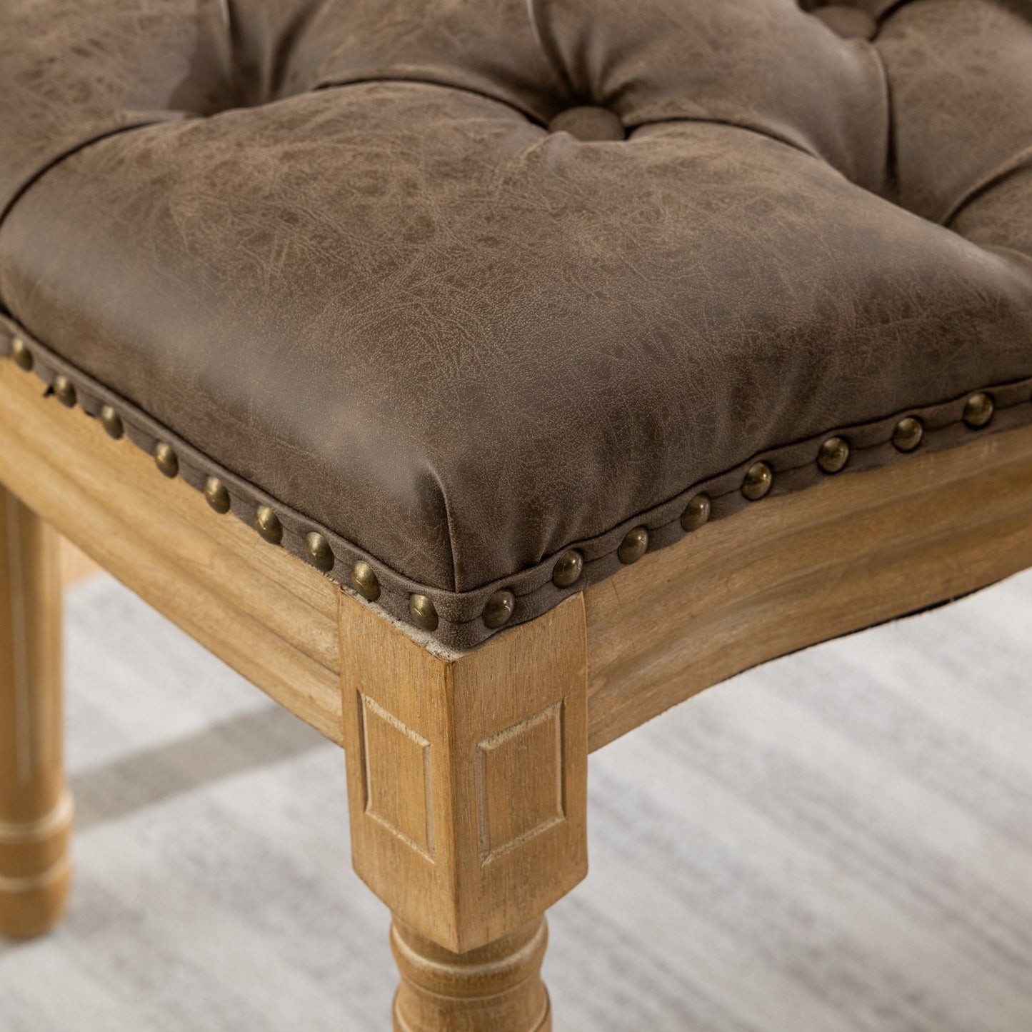 French Style Solid Wood Frame Antique Painting,Hand-pulled buckle decoration PU artificial leather Dining Chair with Nailhead Trim,Wood Legs,Density Foam,Steel Spring inner,Set of 2,Brown,SW1839BR image 12