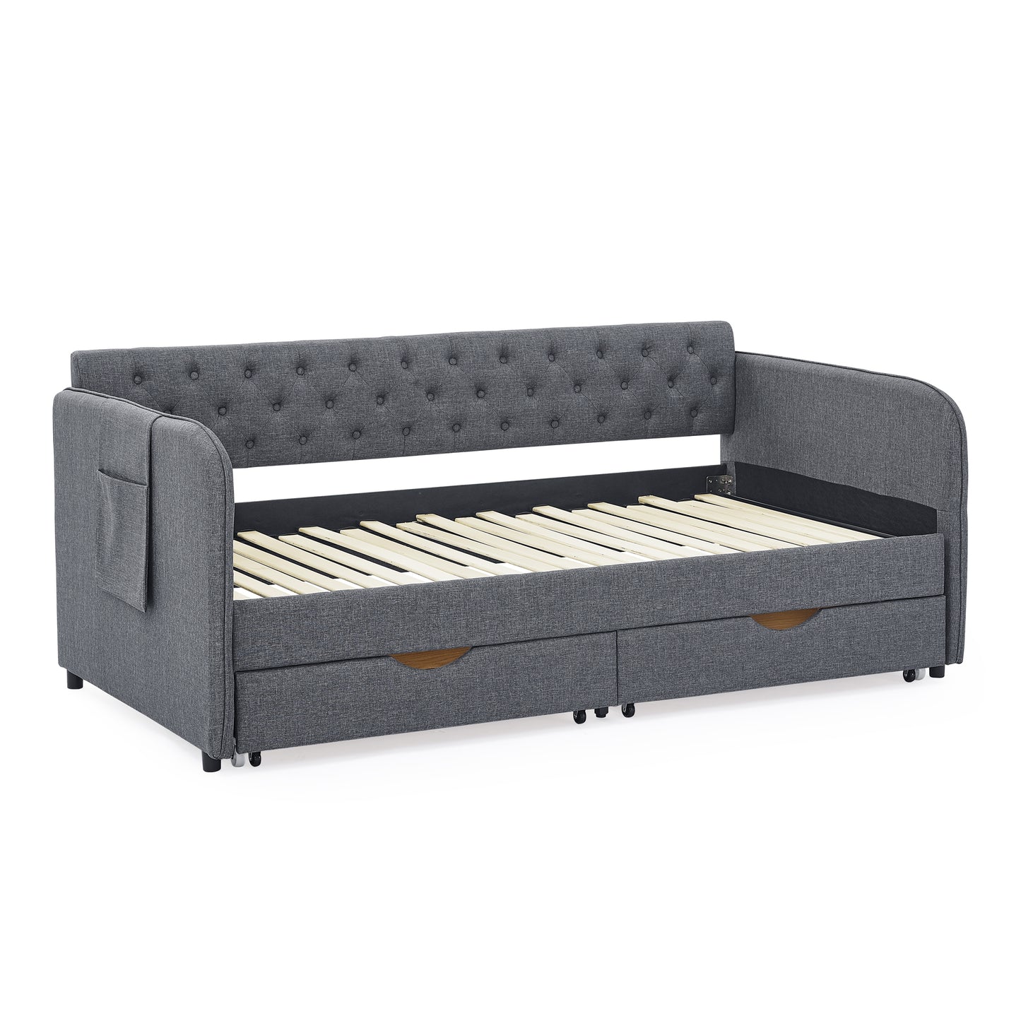 Twin Size Upholstery Daybed with Trundle Bed and Two Storage Drawers, Flat Arms with Pocket, Extendable Daybed for Bedroom Living Room,Linen Dark Gray image 12
