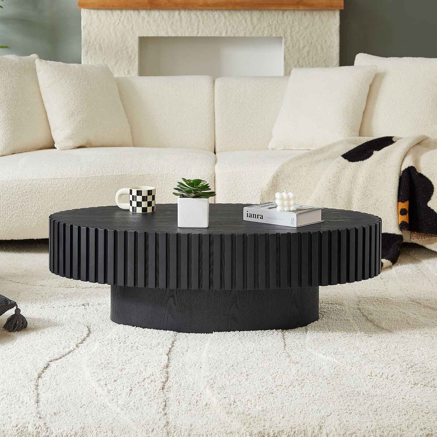 Modern Handcraft Drum Coffee Table Length 43.7 inch Ellipse Coffee Table for Living Room,Oval Small Coffee Table with Sturdy Pedestal,Black MDF image 12