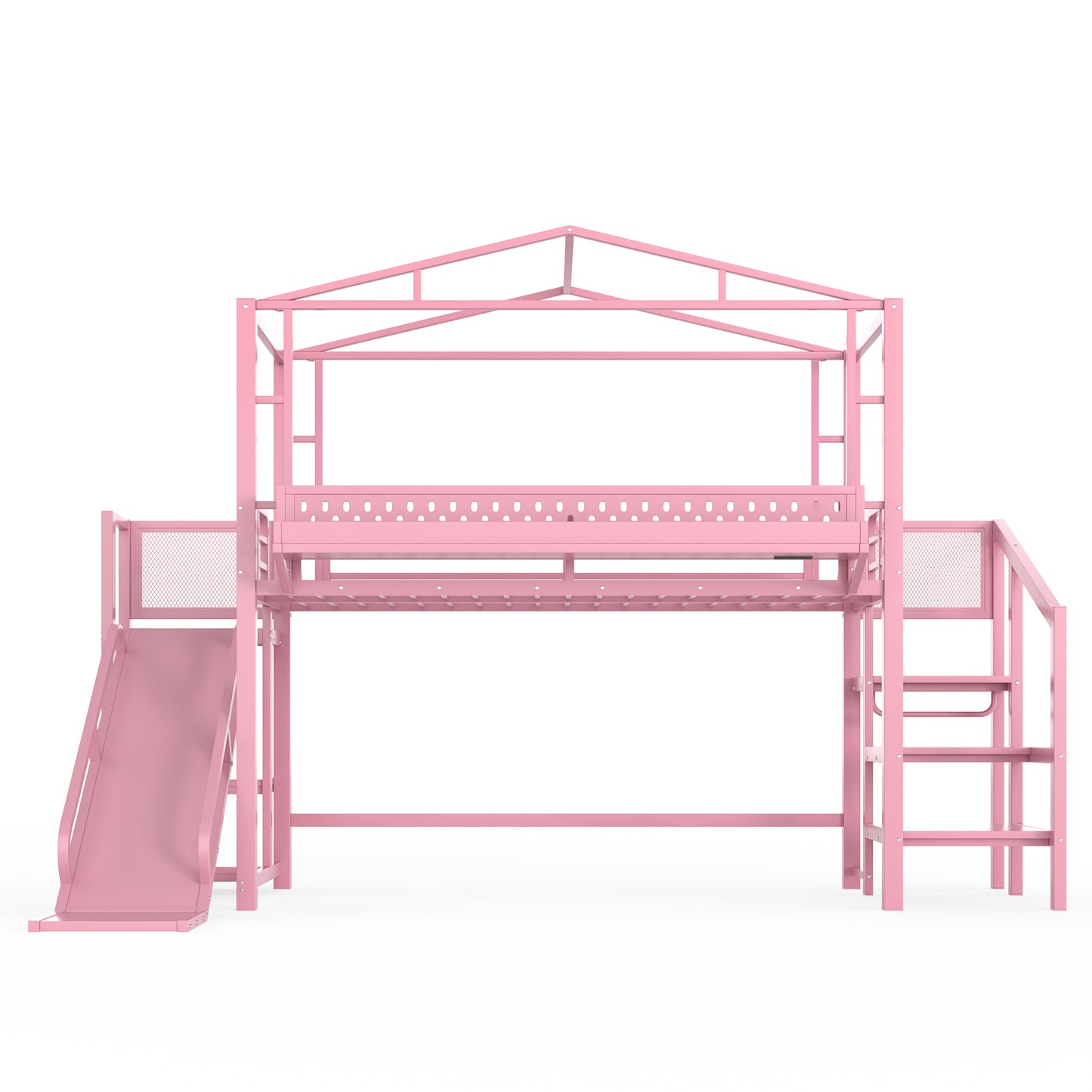 Twin Size Loft Bed with Storage Stairs, Shelves and Built-in Wardrobe, Metal Loft Bed Frame with USB Ports and LED Lights, Noise-reduced Design, Pink image 12