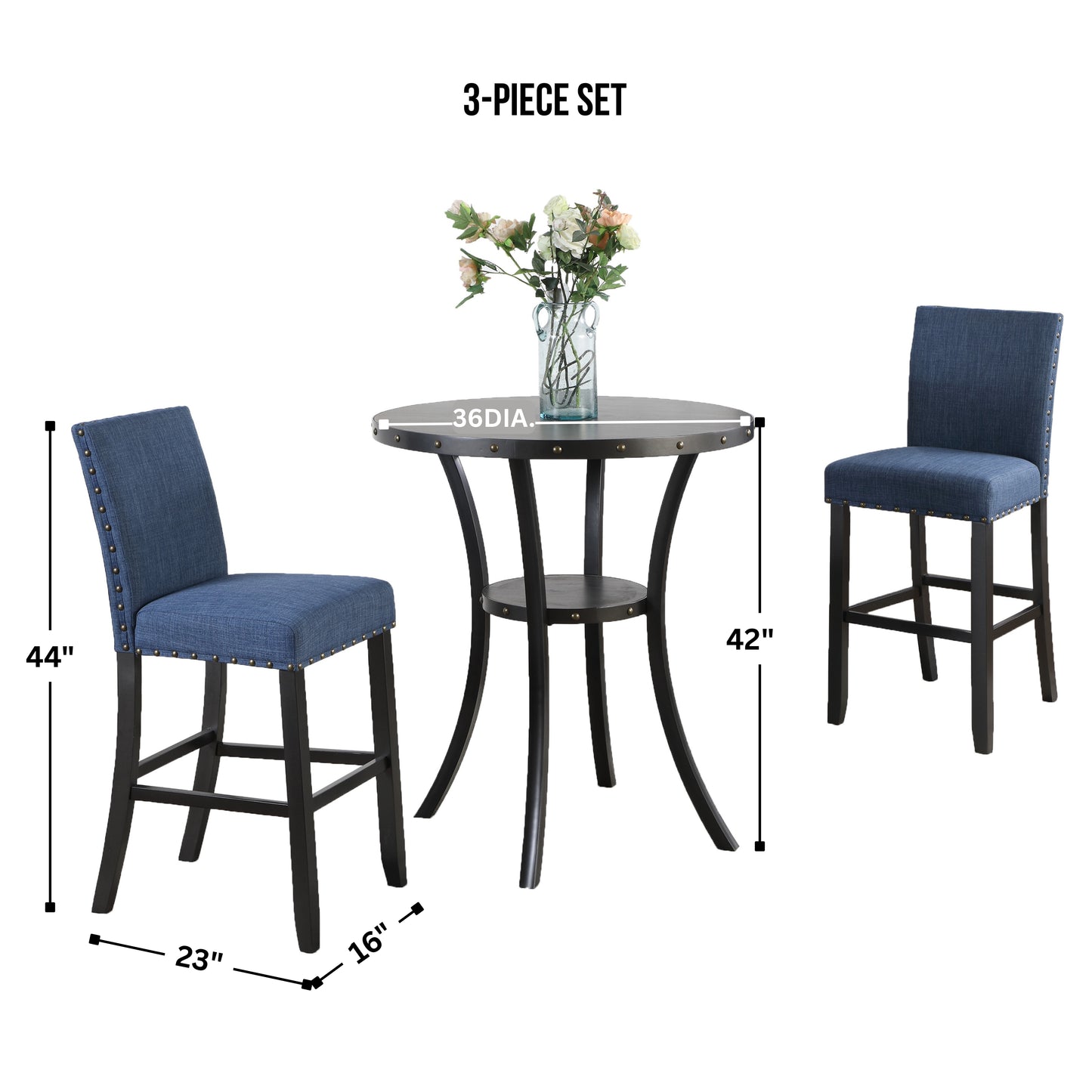 Biony 3-Piece 36" Round Espresso Finish Bar Table with 2 Blue Fabric Nail Head Pub Chairs image 12