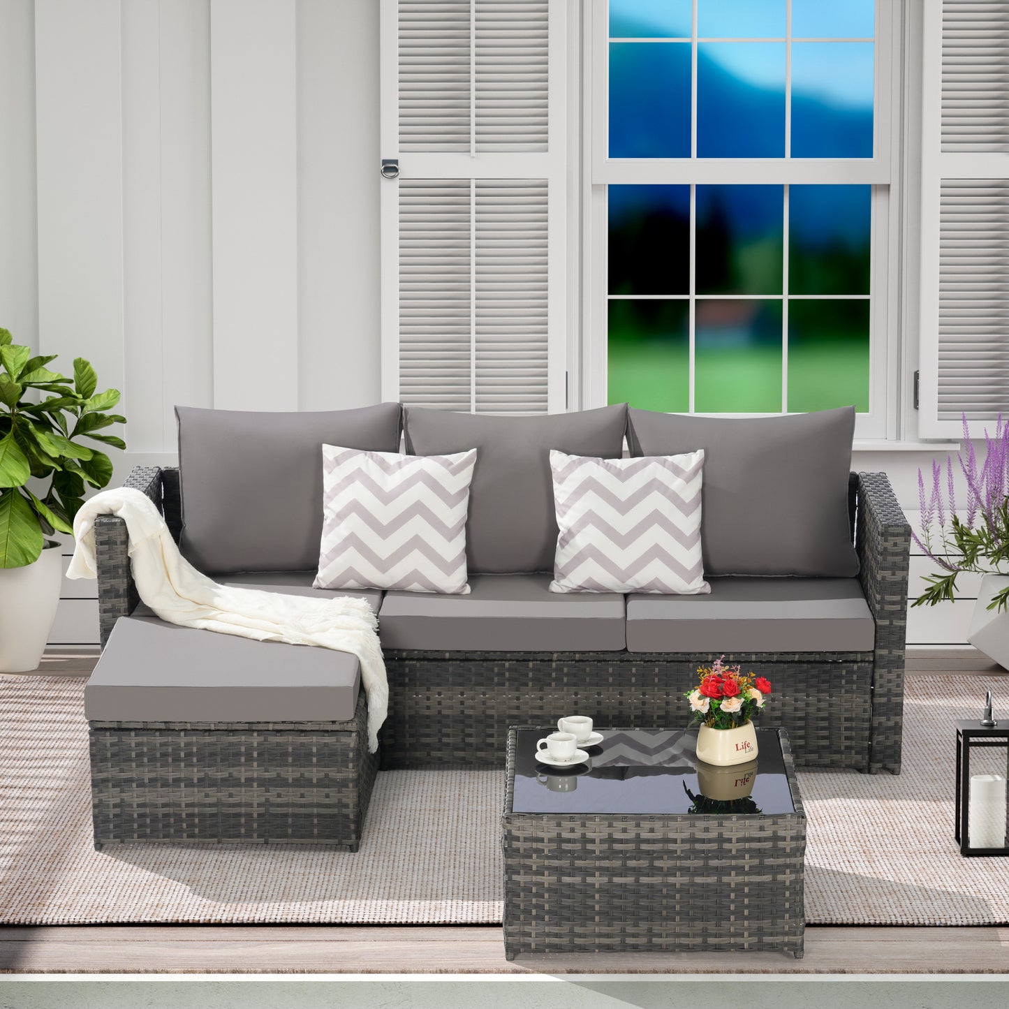 2 Pieces Patio Furniture Set,Outdoor Woven Sectional L- Shaped Patio Furniture,Wicker Conversation Set with Ottoman, Detachable Lounger Table for Backyard Poolside image 2