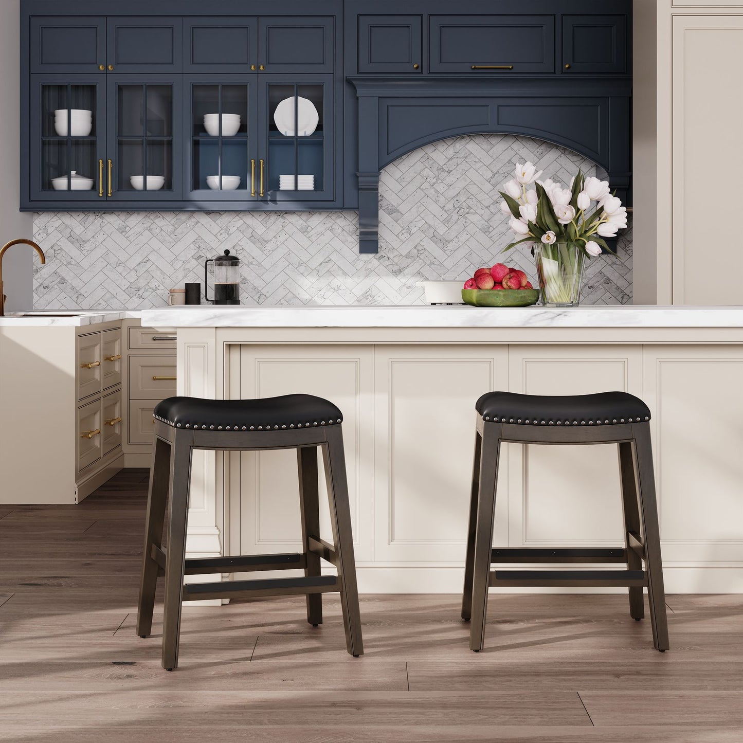 24" Counter Height Saddle Stool, Weathered Gray Finish, Black Leather Seat image 7