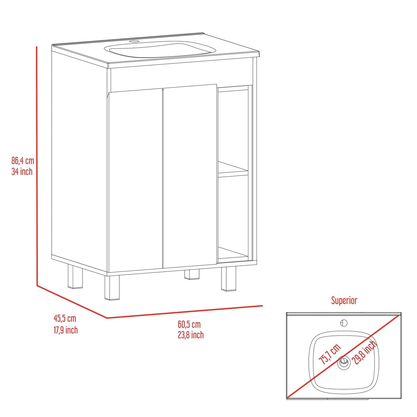 24" Meka Vanity, Two External Shelves, Double Door Cabinet -White image 9