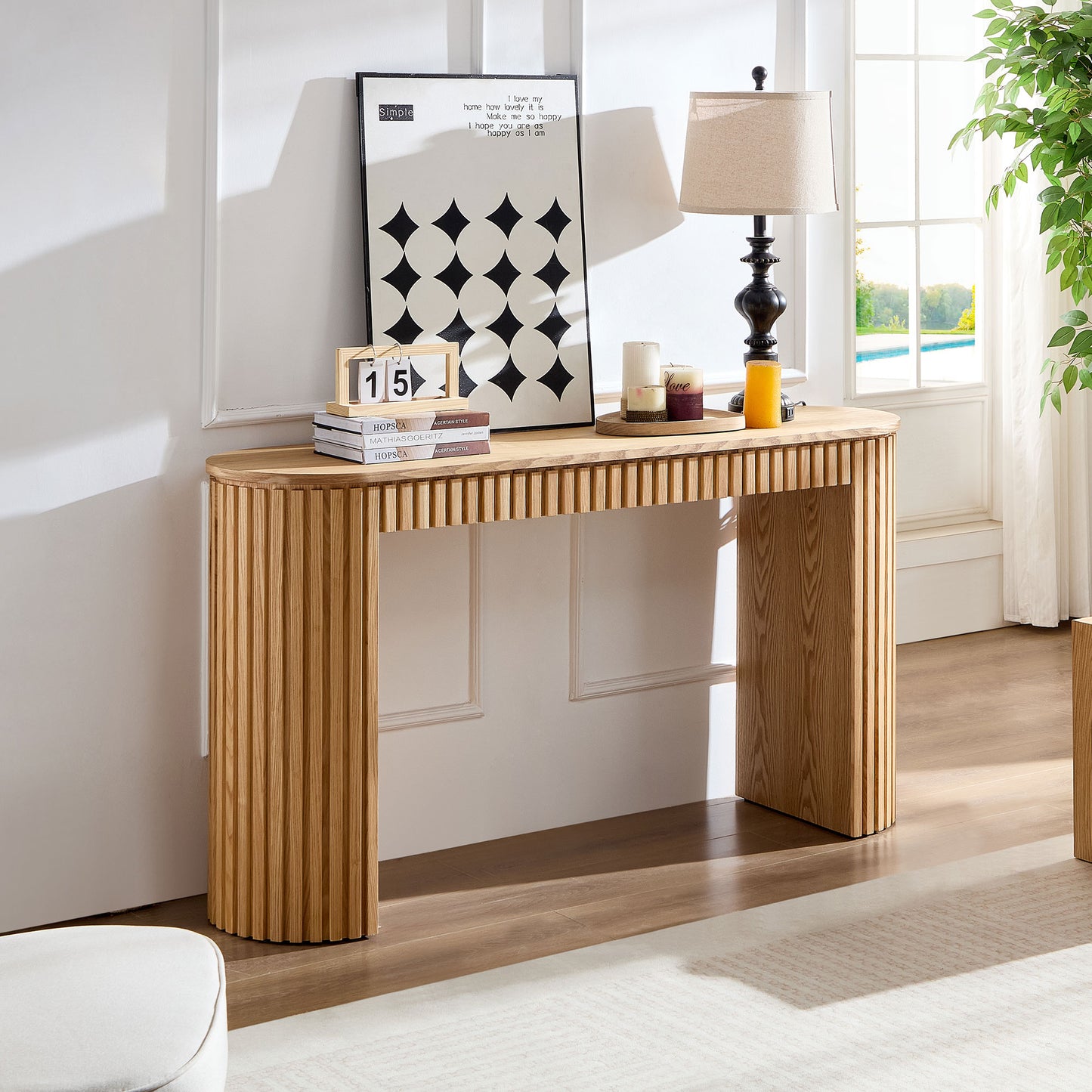 59.05'' Modern Console Table With Drawer for Entryway with Unique Vertical Stripe Design for Living Room Hallway Foyer Entrance Study,NATURE(Same Sku:W876P439955) image 11