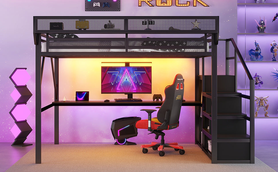 Queen Loft Bed with Desk and Charging Station, Queen Size Metal Loft Bed with Stairs and Light for Kids Teens, Black (Expect Arrival Date 2026/3/25) image 12