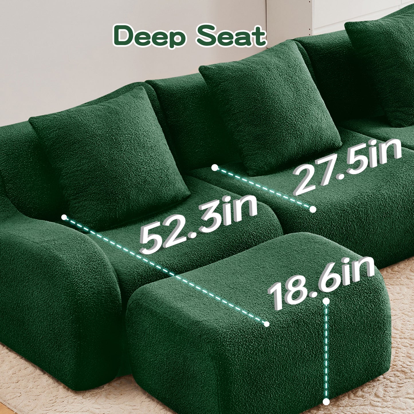 Boneless Sofa,3 Seat High-Quality Teddy Fabric,Anti-Slip Design,No Assembly Curved Armrests Streamlined Design,Assembly Chaise 32D High Density Sponge For Living Rooms Bedrooms,Green image 12