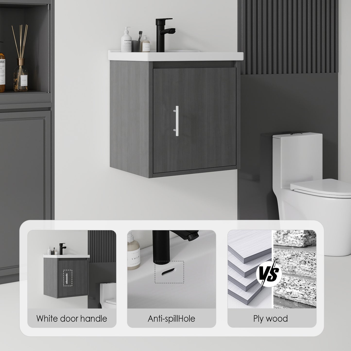 20 Inch Floating Bathroom Vanity with Sink, Soft-Close Door,Ceramic Sink,Plywood, Grey image 10
