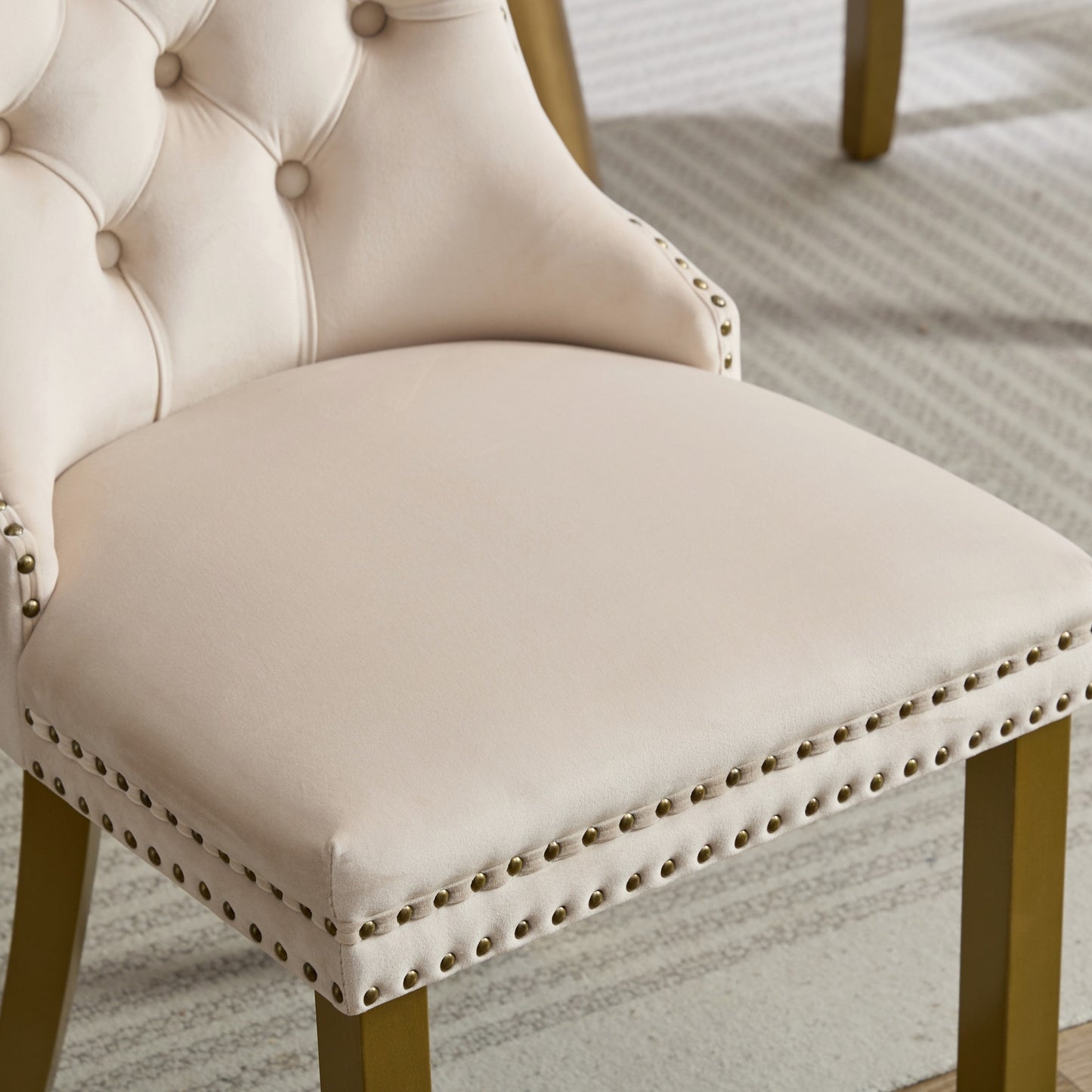 Mid-Century Modern Chairs with Lion Head Pull Ring,High-end Tufted Solid Wood Contemporary Velvet Upholstered Dining Chair with Golden Wooden Legs Nailhead Trim 2-Pcs Set,Beige,SW1201BG image 12