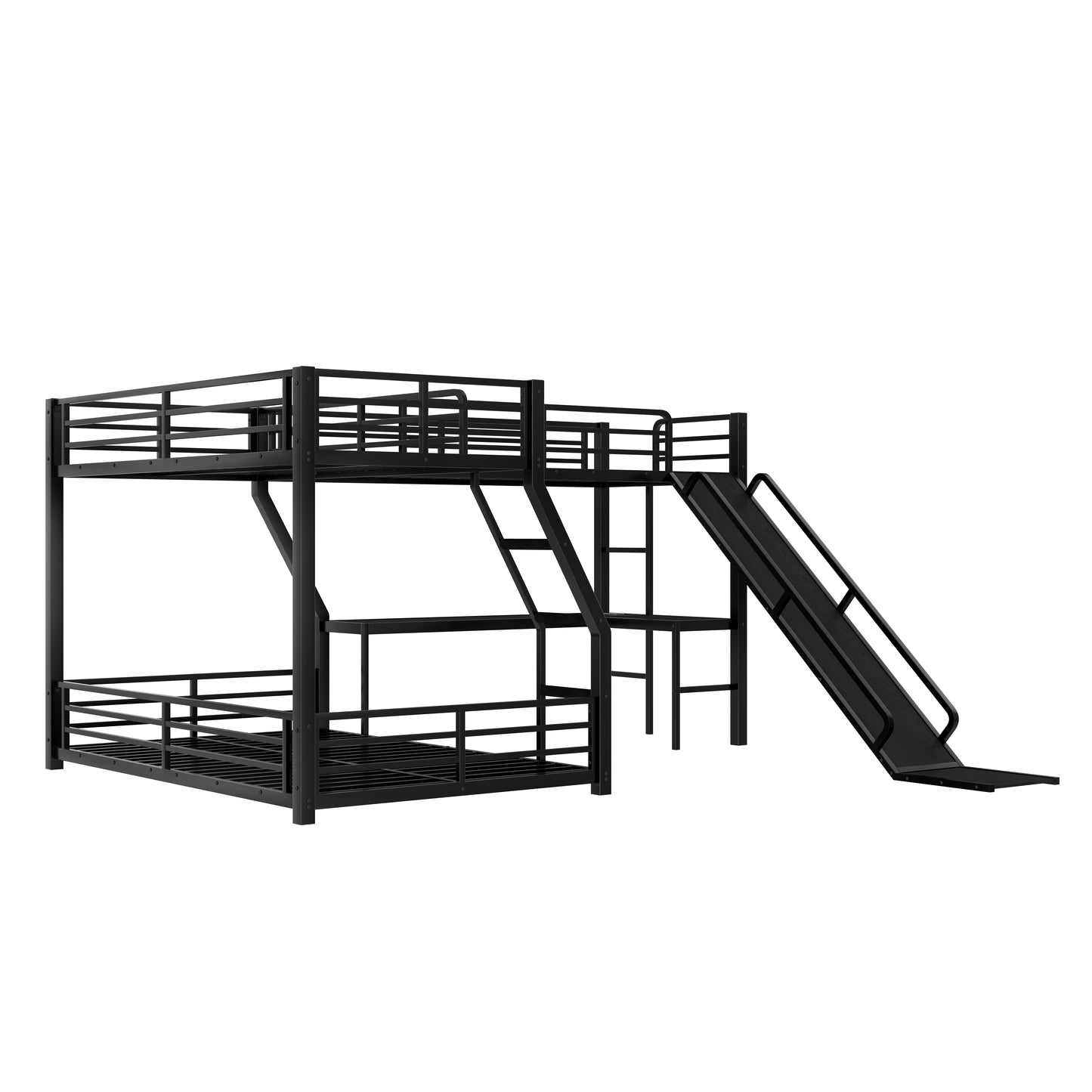 L-Shaped Twin over Full Bunk Bed with Twin Size Loft Bed, Metal Triple Bunk Bed with Slide and USB Ports, Space-saving and Noise-free Design, Black image 12
