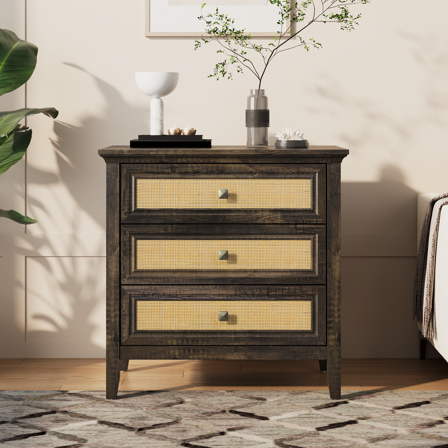 3 Drawer Dresser Rattan Dresser Wood Chest of Drawers Farmhouse Closet Dressers Modern Bedside Table Rustic Nightstand Storage Cabinet for Bedroom, Hallway, Living Room, Dark Rustic Oak image 12