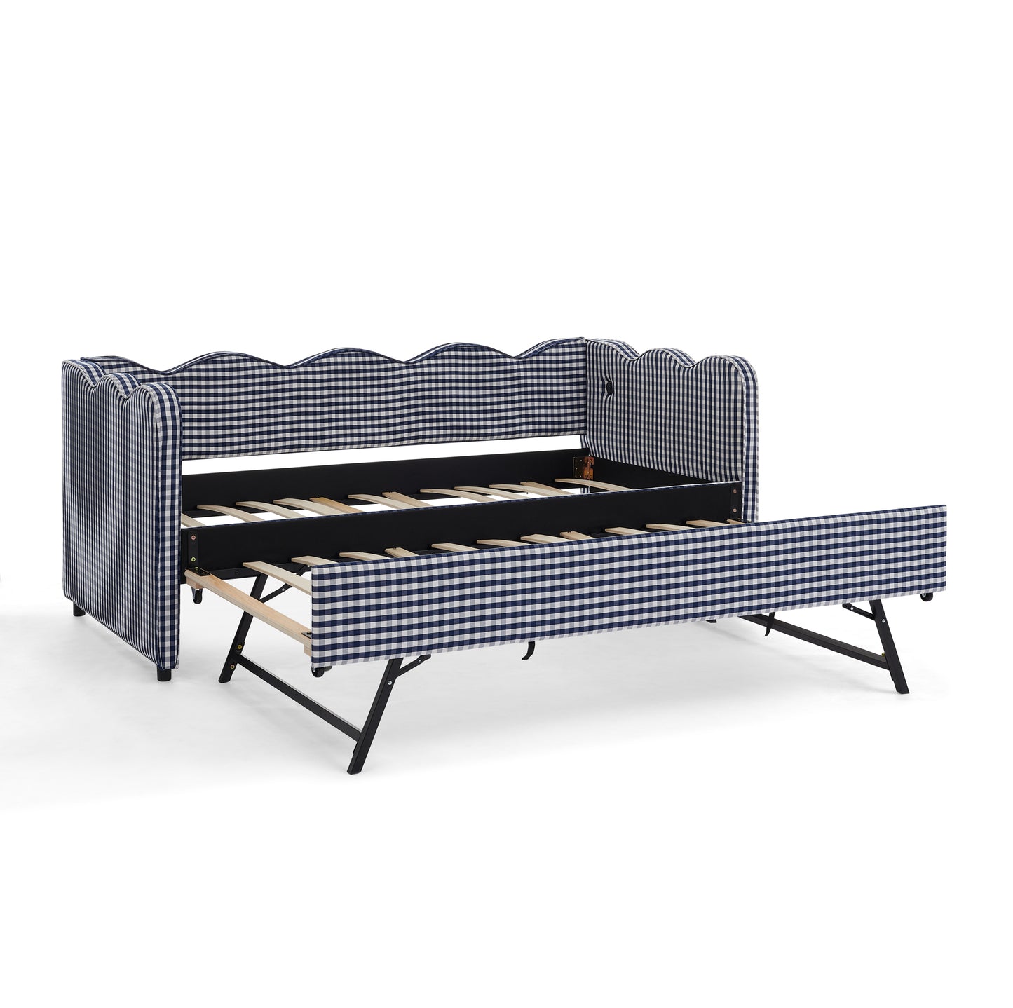 Cozy Gingham Daybed with Trundle Twin Size Sofa Bed No Box Spring Needed, with USB Port and Adorable Wave Shaped, Linen Fabric, Navy image 12