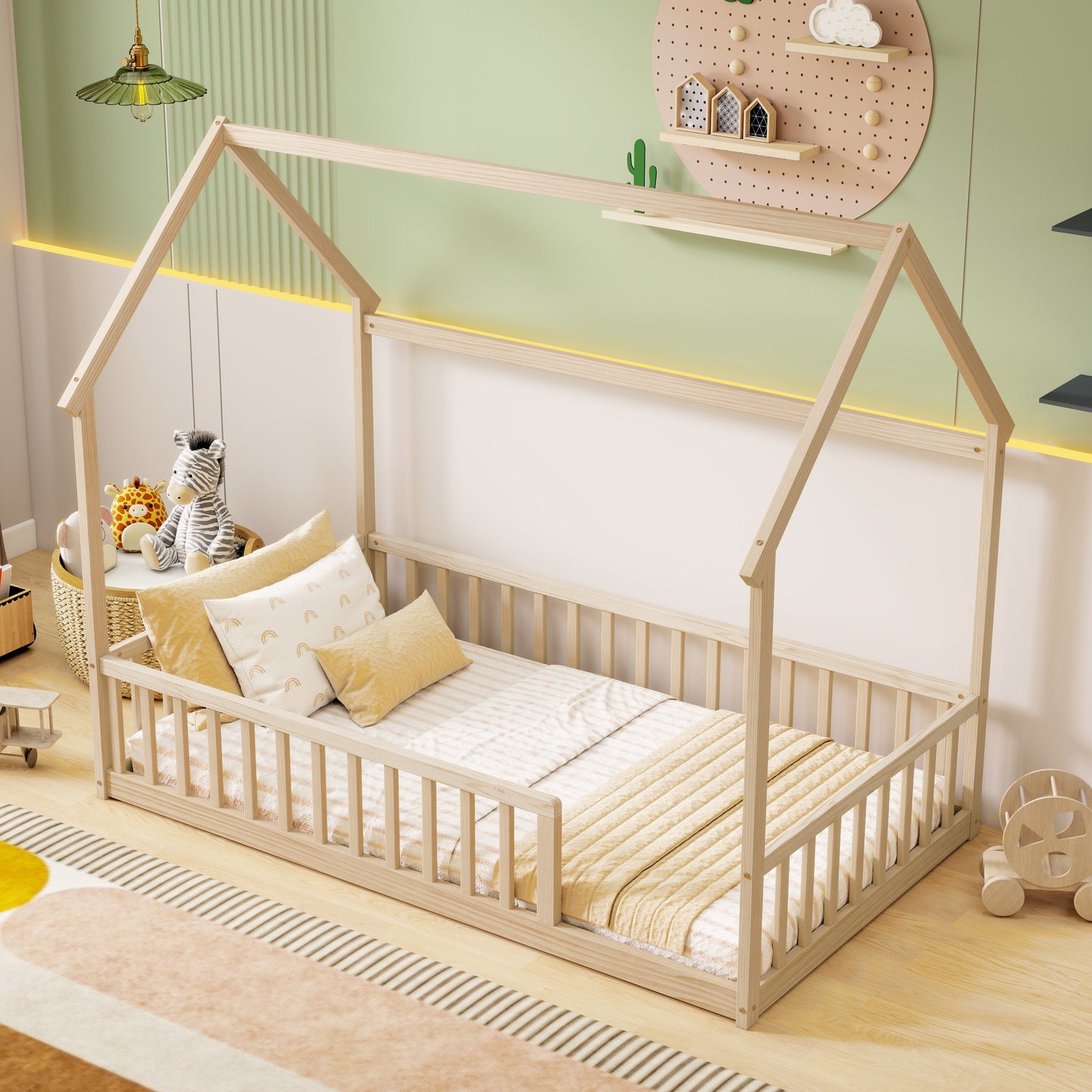 Twin Size House Floor Bed with Roof Frame,Pine Wood Floor Bed with Safety Guardrails,Natural image 12