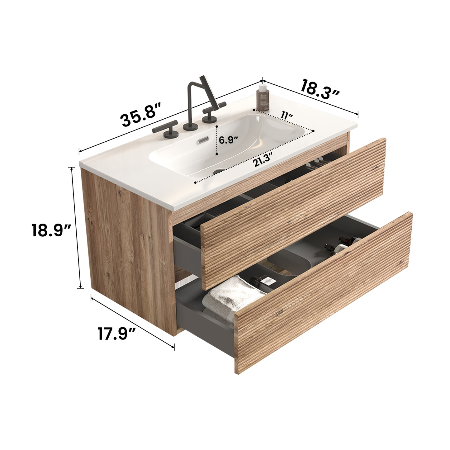Gloria 36" Wall Mounted Rough Oak&Rough Oak Bathroom Vanity with Integrated Ceramic Sink with Overflow, with 3 holes, Large Storage Floating Bathroom Vanity for Modern Bathroom, KD image 12