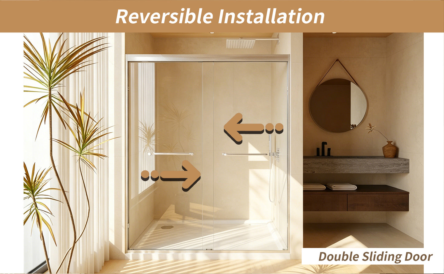 56-60 " x 72" Tempered Glass, Aluminum Frame Double Sliding Shower Door, "1/4 (6 mm), Stainless Steel handle,Brushed Nickel image 12